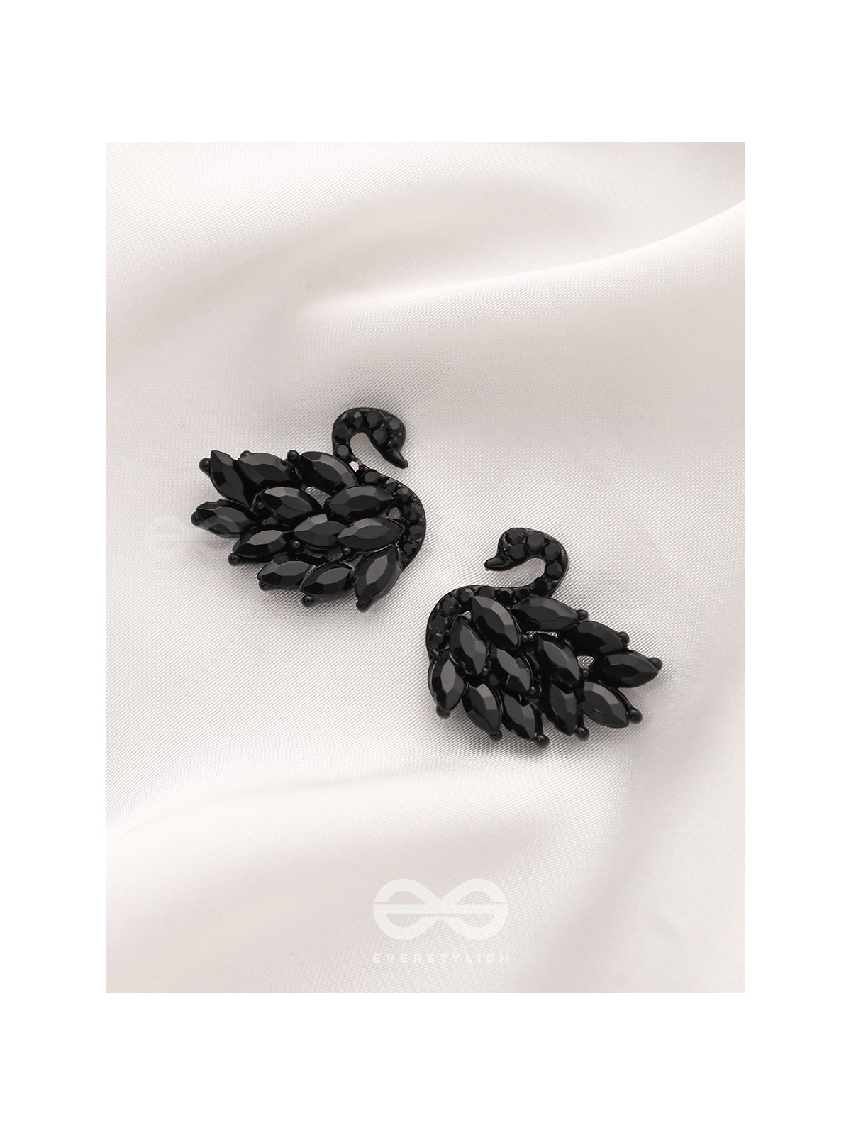The Crystal Feathered Swans - Statement Embellished Studs - Black