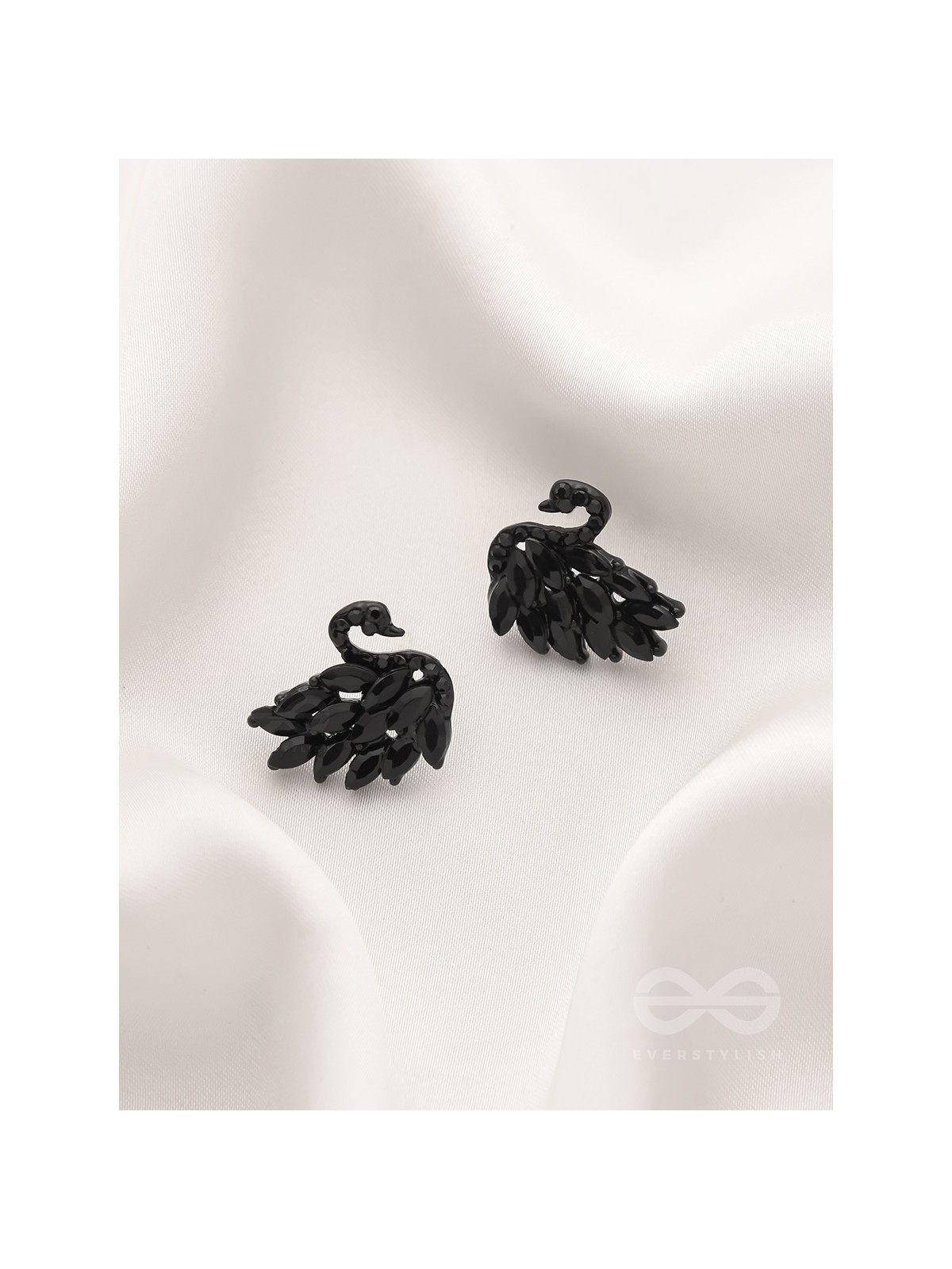 The Crystal Feathered Swans - Statement Embellished Studs - Black