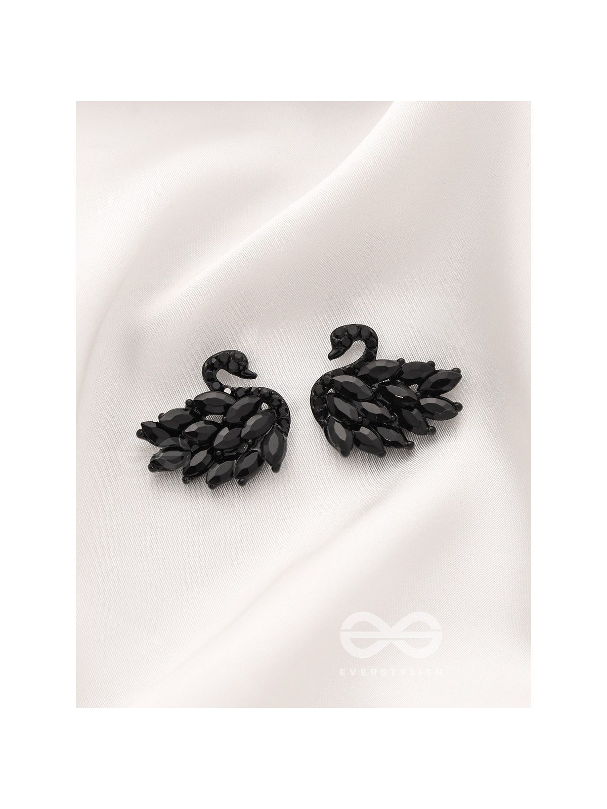 The Crystal Feathered Swans - Statement Embellished Studs - Black