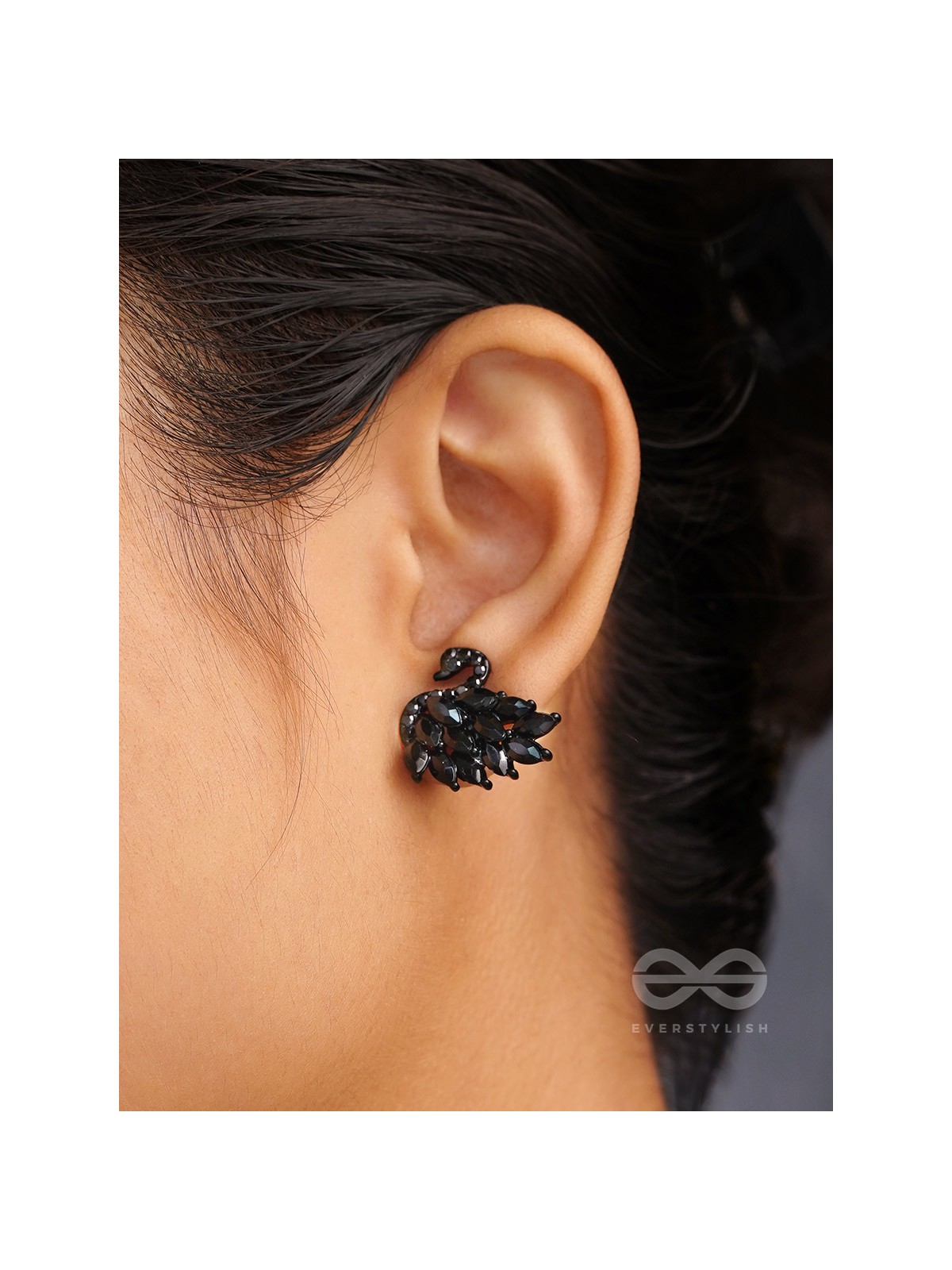 The Crystal Feathered Swans - Statement Embellished Studs - Black