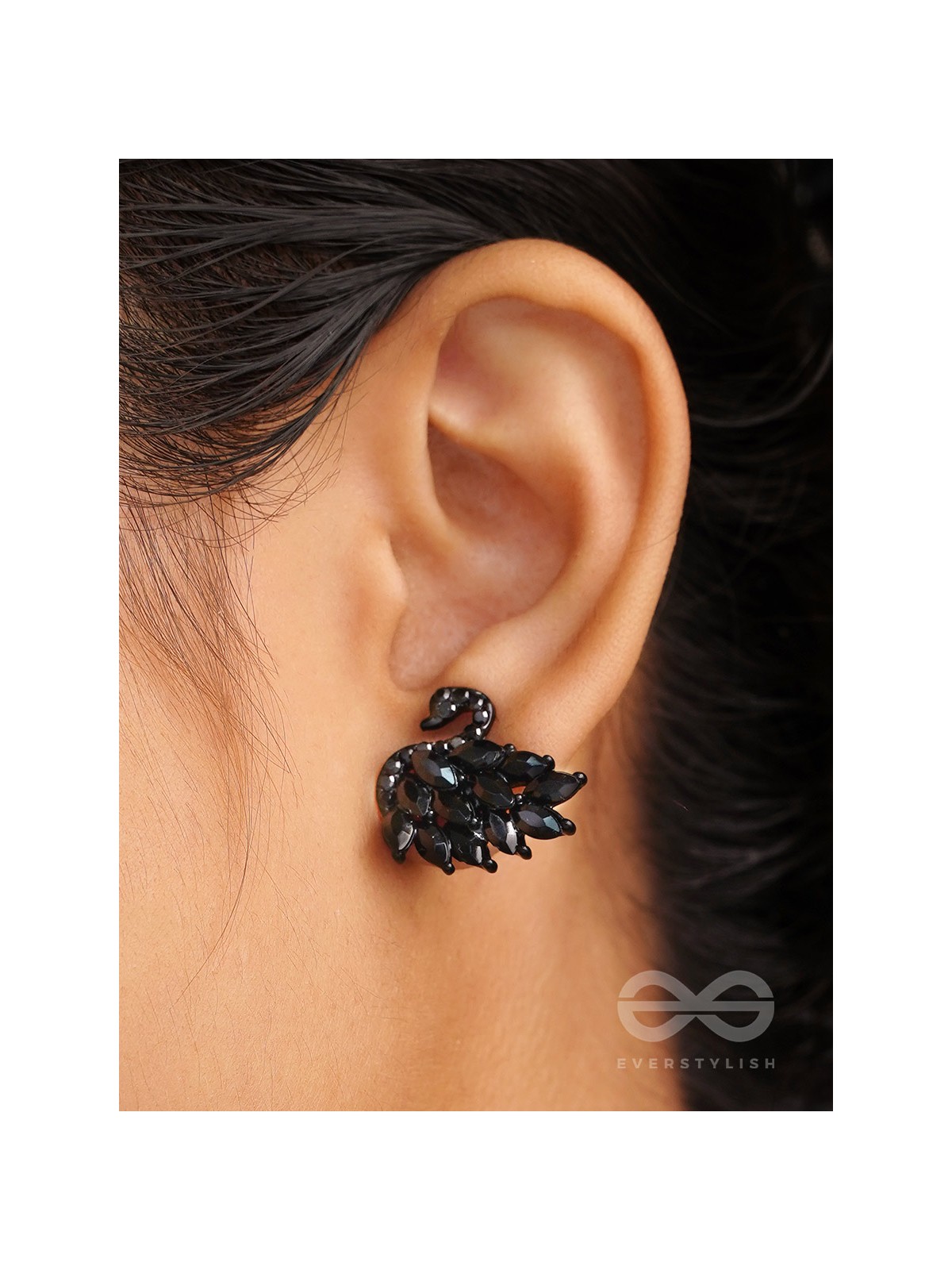 The Crystal Feathered Swans - Statement Embellished Studs - Black