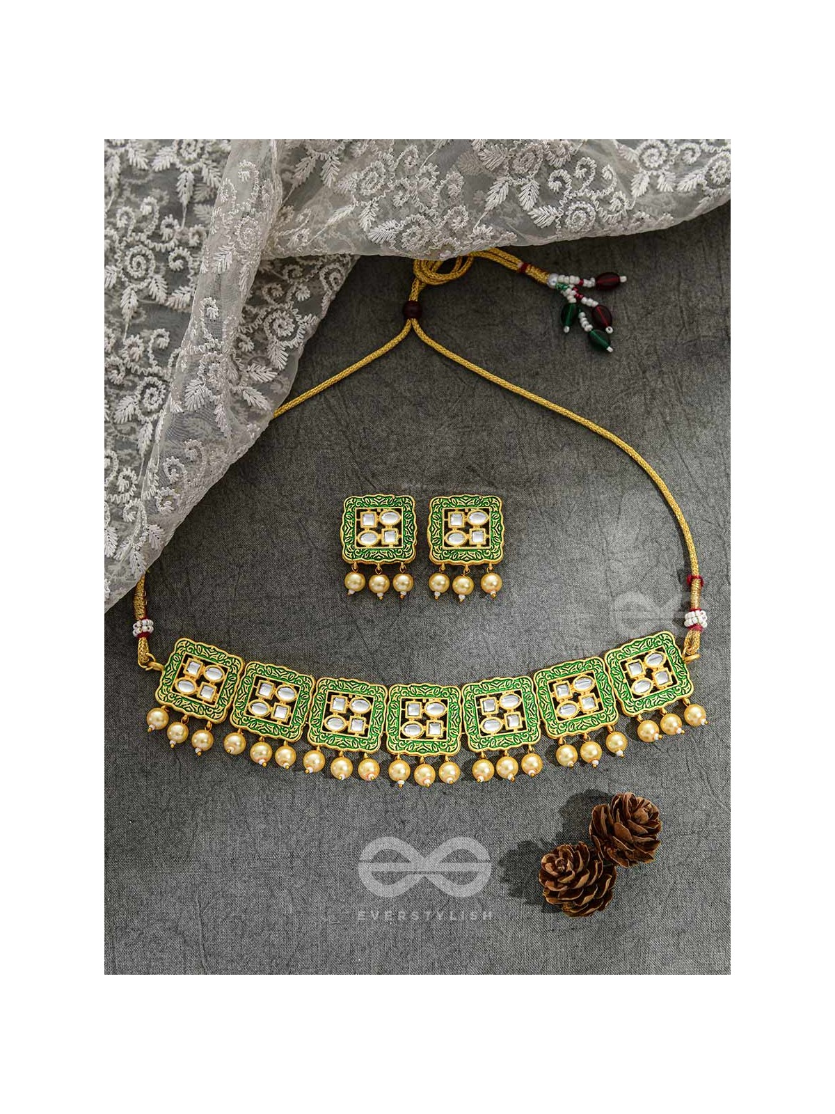 The Windows of Opulence - Set of Statement Choker and Earrings( INDIA GREEN)