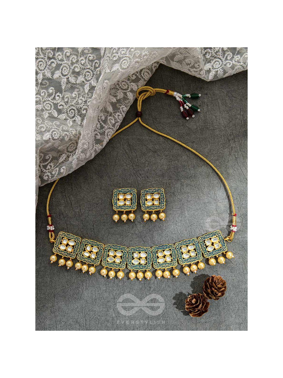 The Windows of Opulence - Set of Statement Choker and Earrings( PINE)