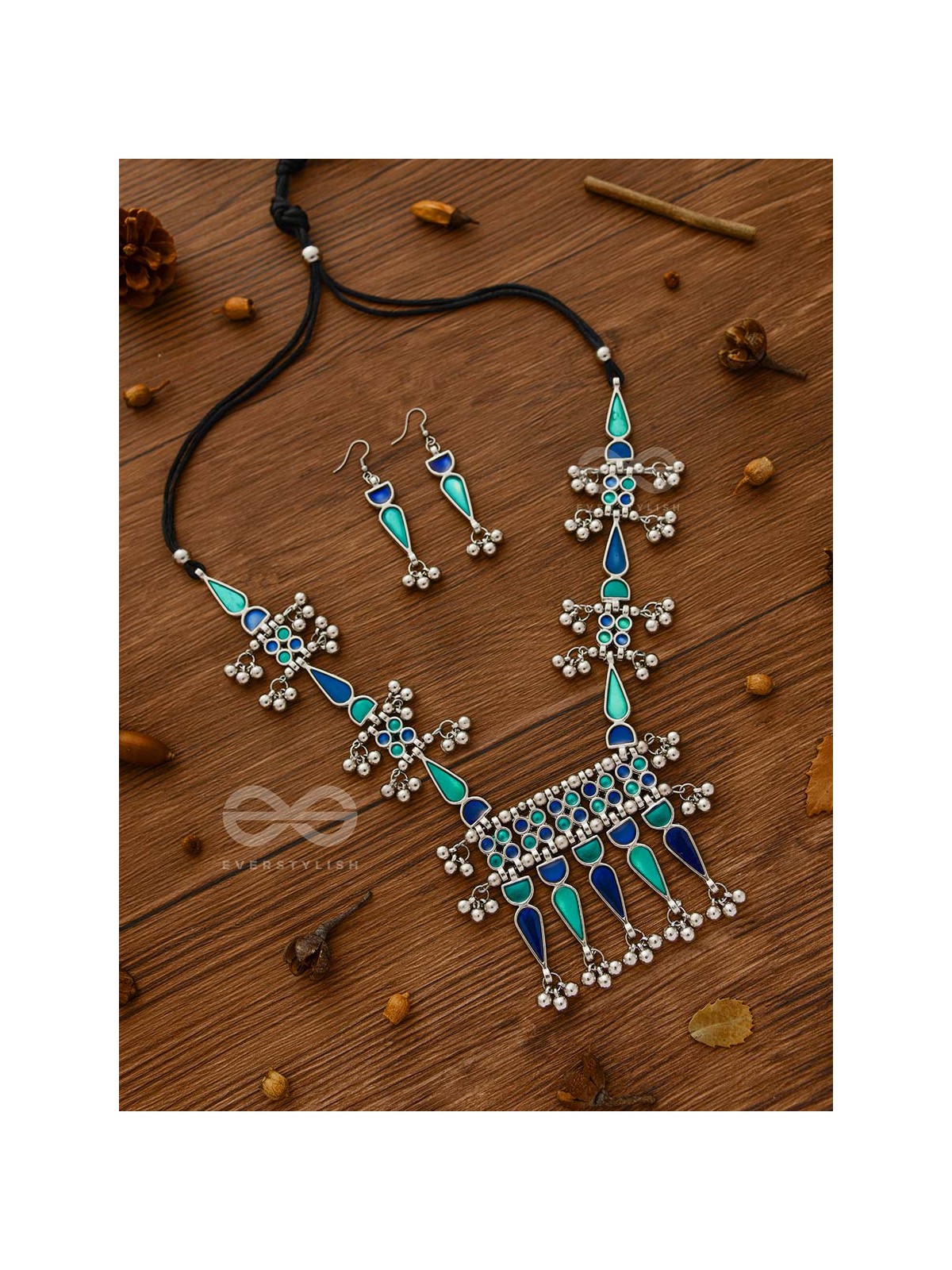 The Bohemian Jaw Droppers - Statement Set of Meenakari Neckpiece and Earrings (Teal-Blue)
