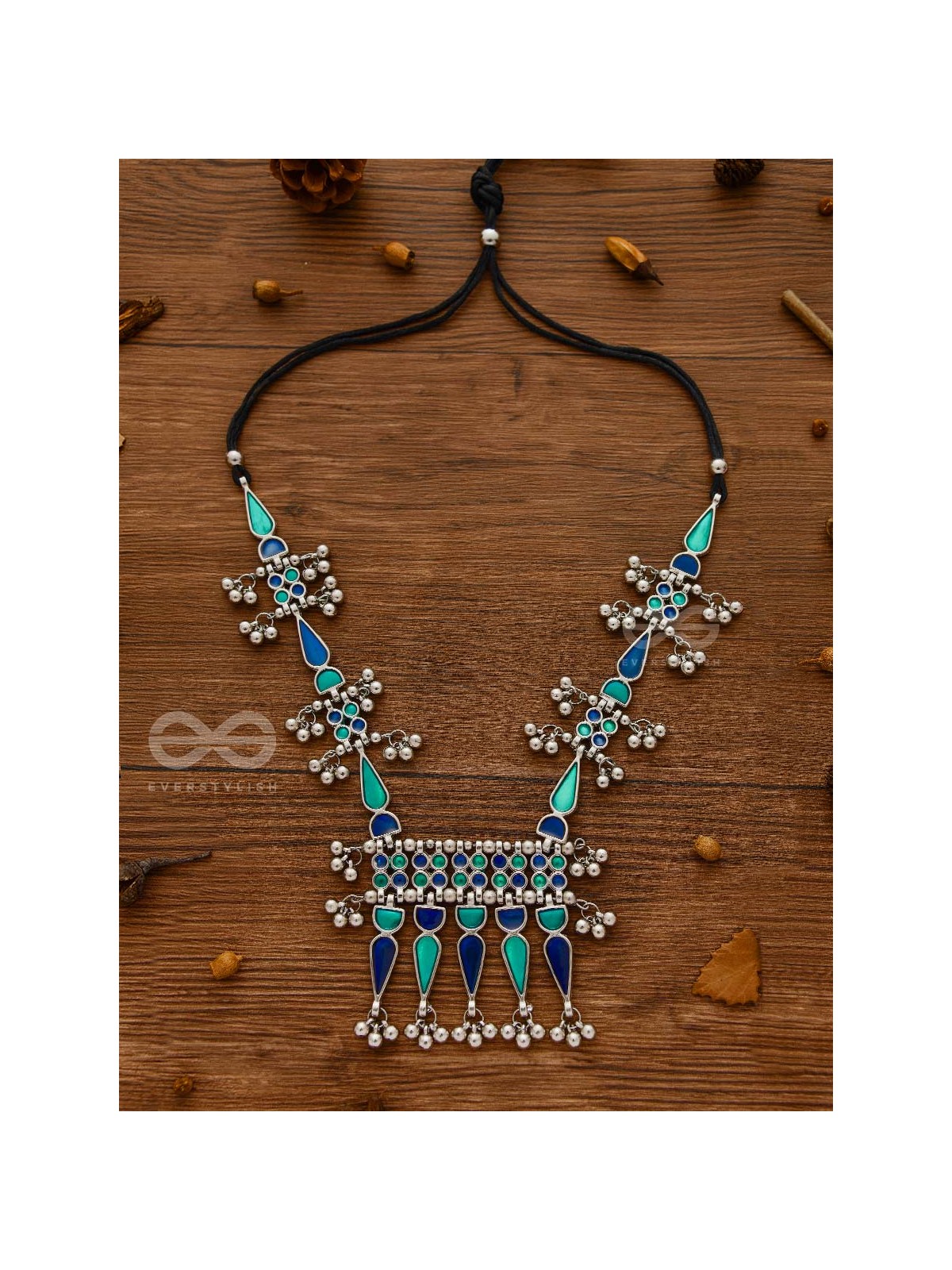 The Bohemian Jaw Droppers - Statement Set of Meenakari Neckpiece and Earrings (Teal-Blue)