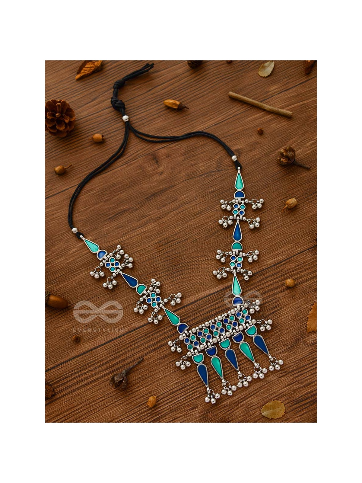 The Bohemian Jaw Droppers - Statement Set of Meenakari Neckpiece and Earrings (Teal-Blue)