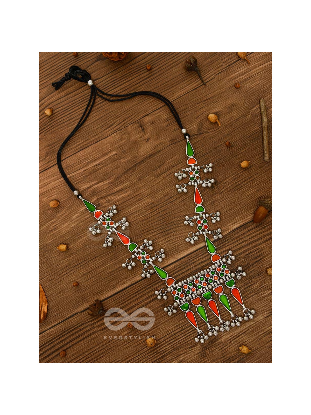The Bohemian Jaw Droppers - Statement Set of Meenakari Neckpiece and Earrings (Orange-Green)