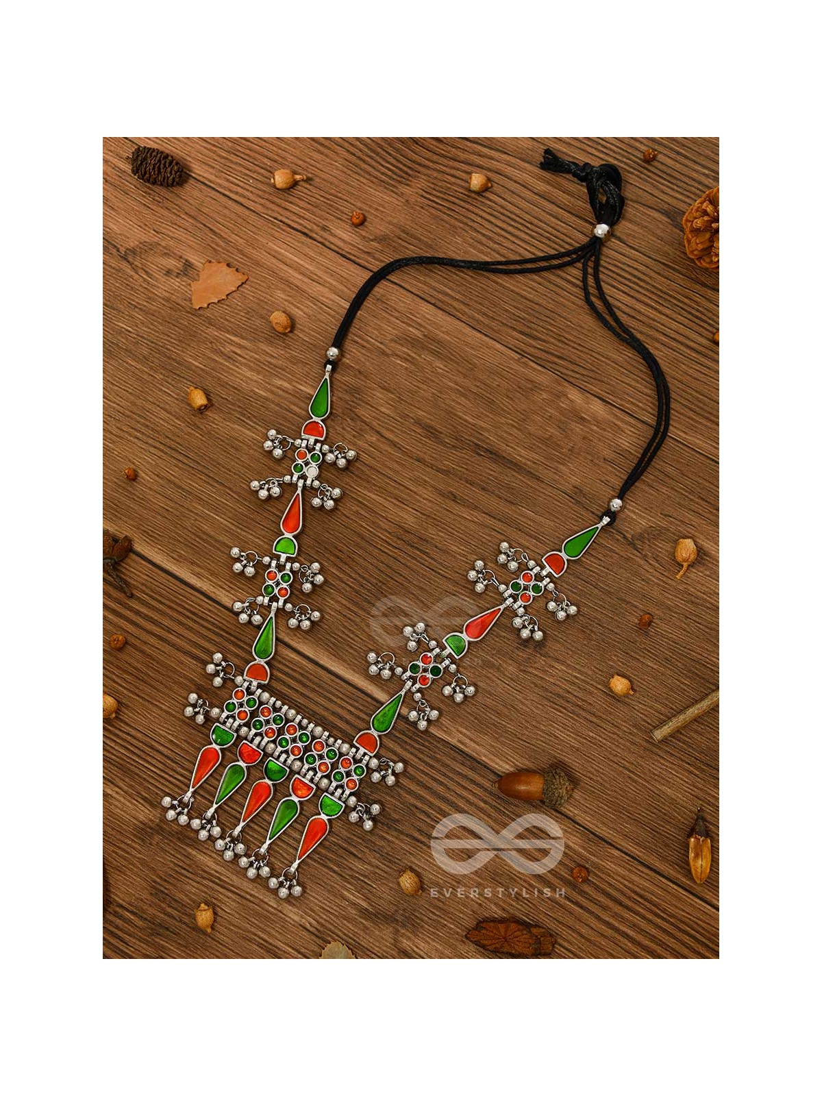 The Bohemian Jaw Droppers - Statement Set of Meenakari Neckpiece and Earrings (Orange-Green)