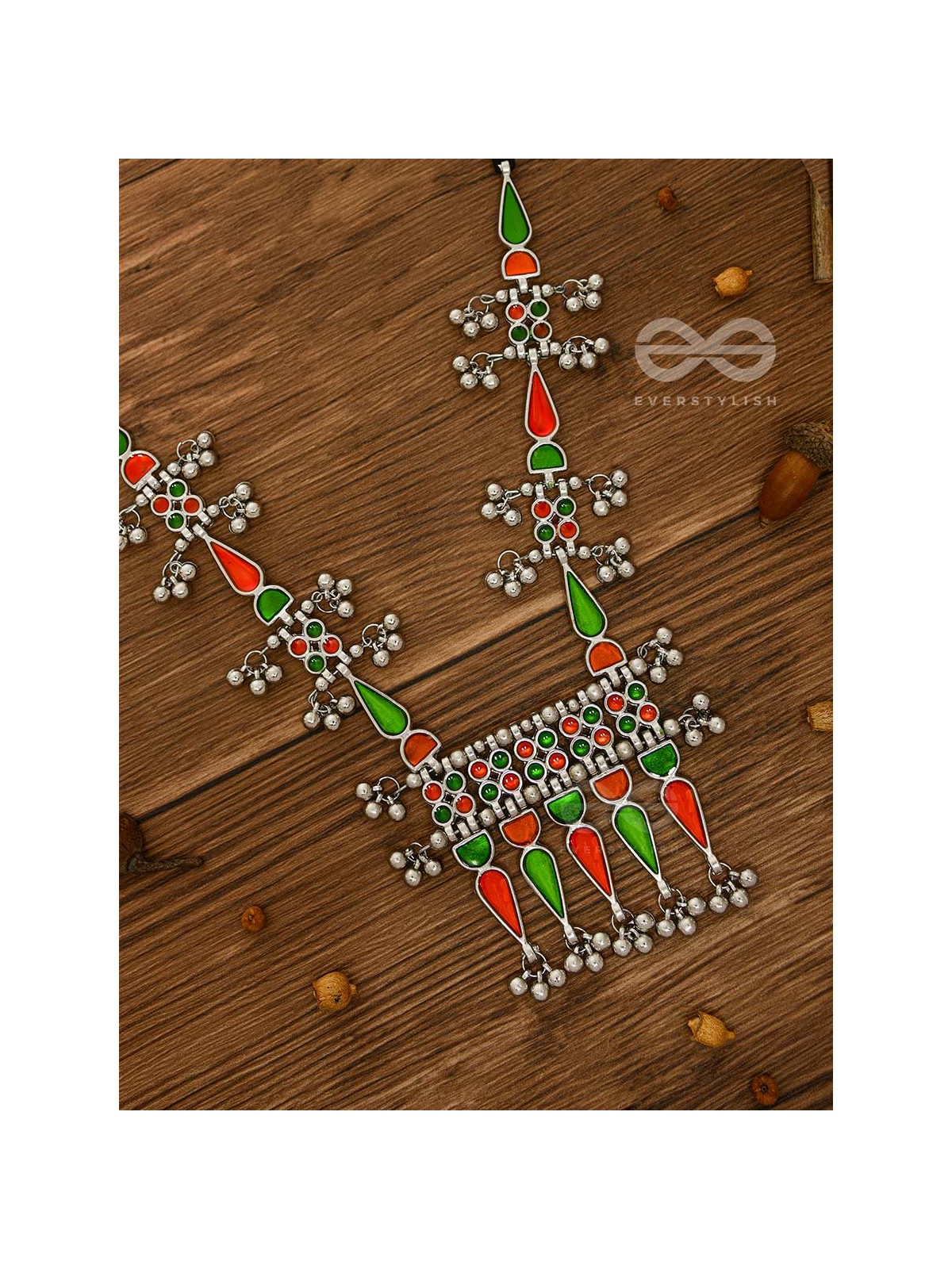 The Bohemian Jaw Droppers - Statement Set of Meenakari Neckpiece and Earrings (Orange-Green)