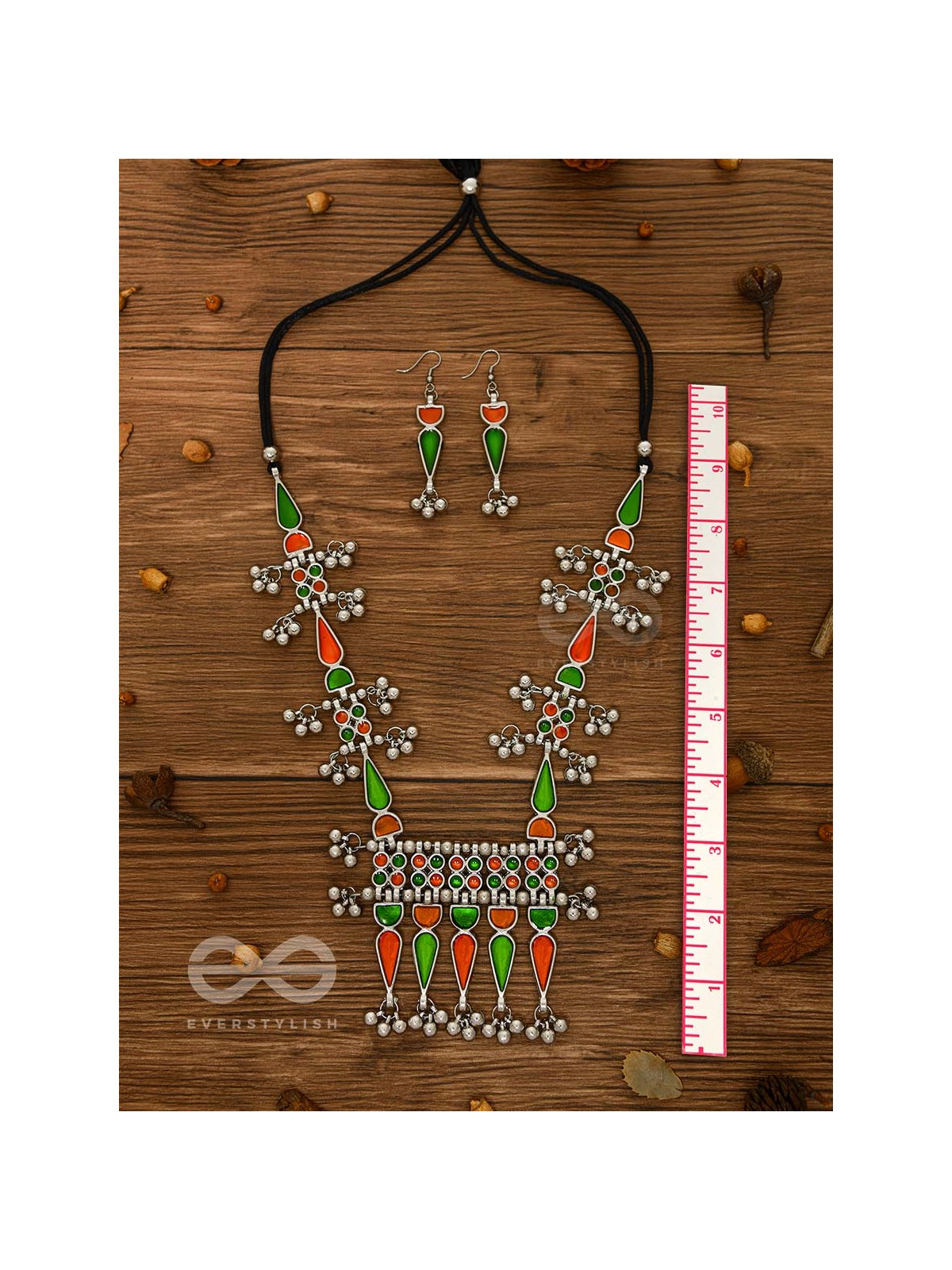 The Bohemian Jaw Droppers - Statement Set of Meenakari Neckpiece and Earrings (Orange-Green)