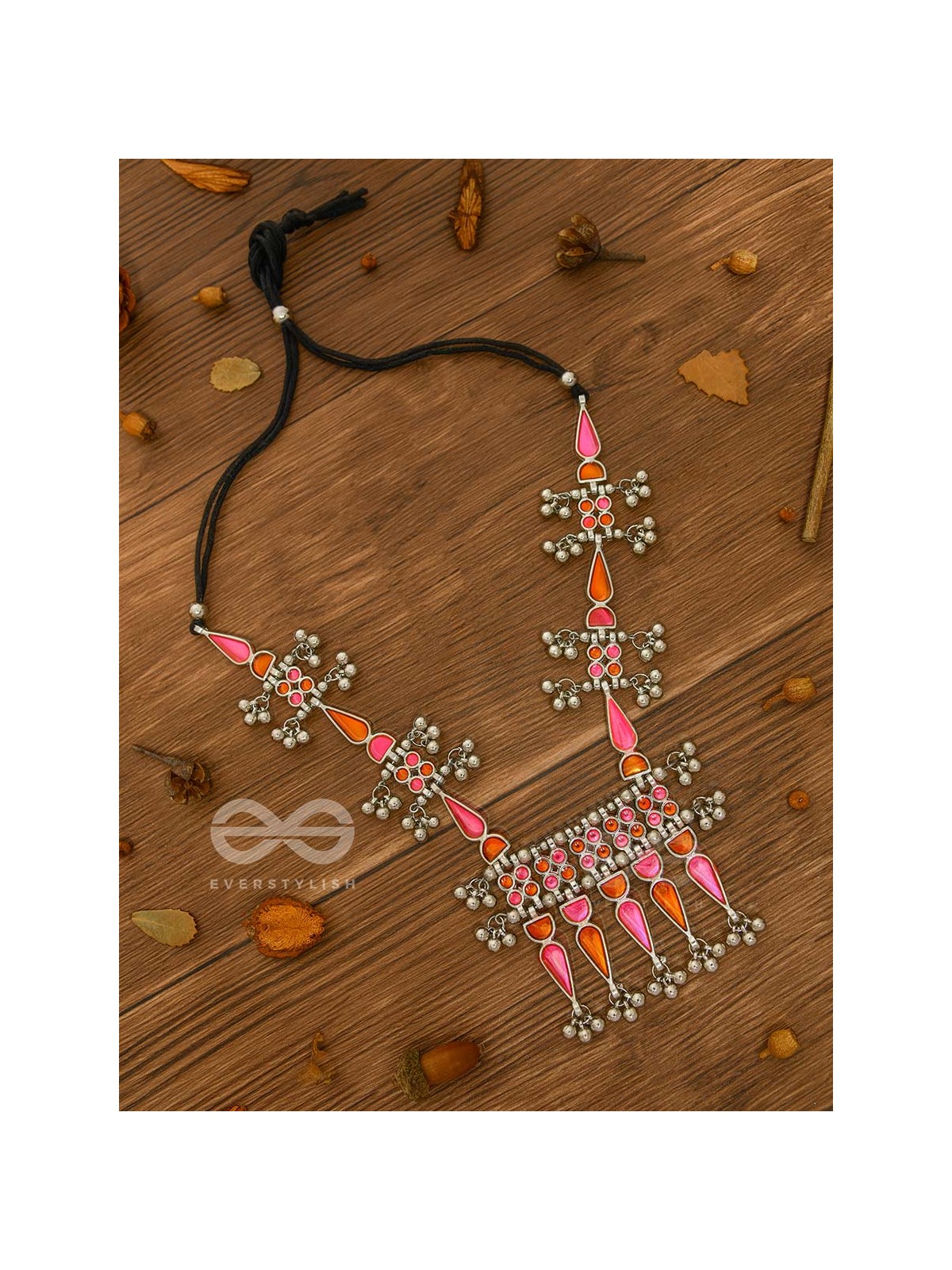 The Bohemian Jaw Droppers - Statement Set of  Meenakari Neckpiece and Earrings (Orange-Pink)