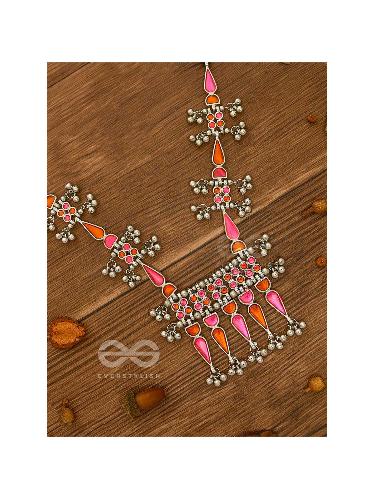 The Bohemian Jaw Droppers - Statement Set of  Meenakari Neckpiece and Earrings (Orange-Pink)