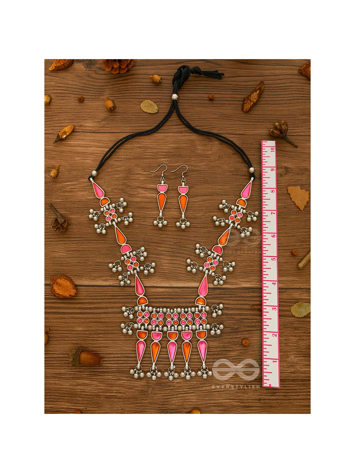 The Bohemian Jaw Droppers - Statement Set of  Meenakari Neckpiece and Earrings (Orange-Pink)