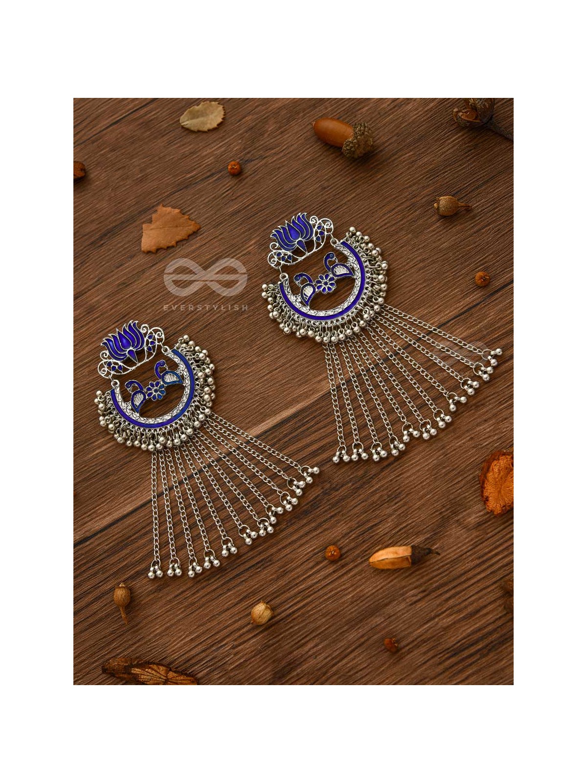 The Dangling Blooming Lotus - Statement Meenakari Earrings (Royal Blue)