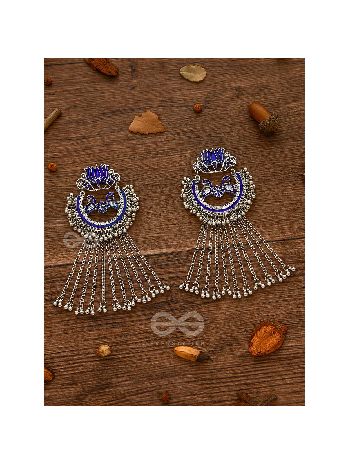 The Dangling Blooming Lotus - Statement Meenakari Earrings (Royal Blue)