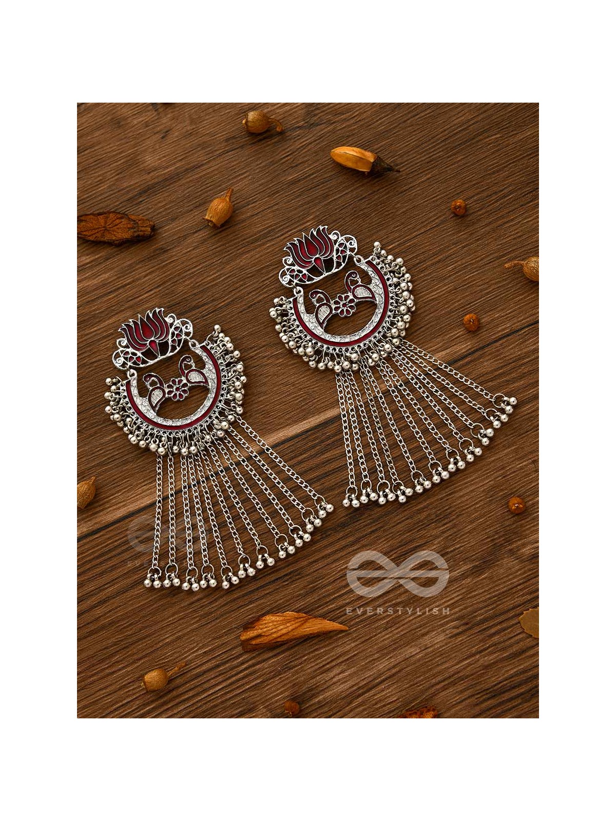 The Dangling Blooming Lotus - Statement Meenakari Earrings (Maroon)