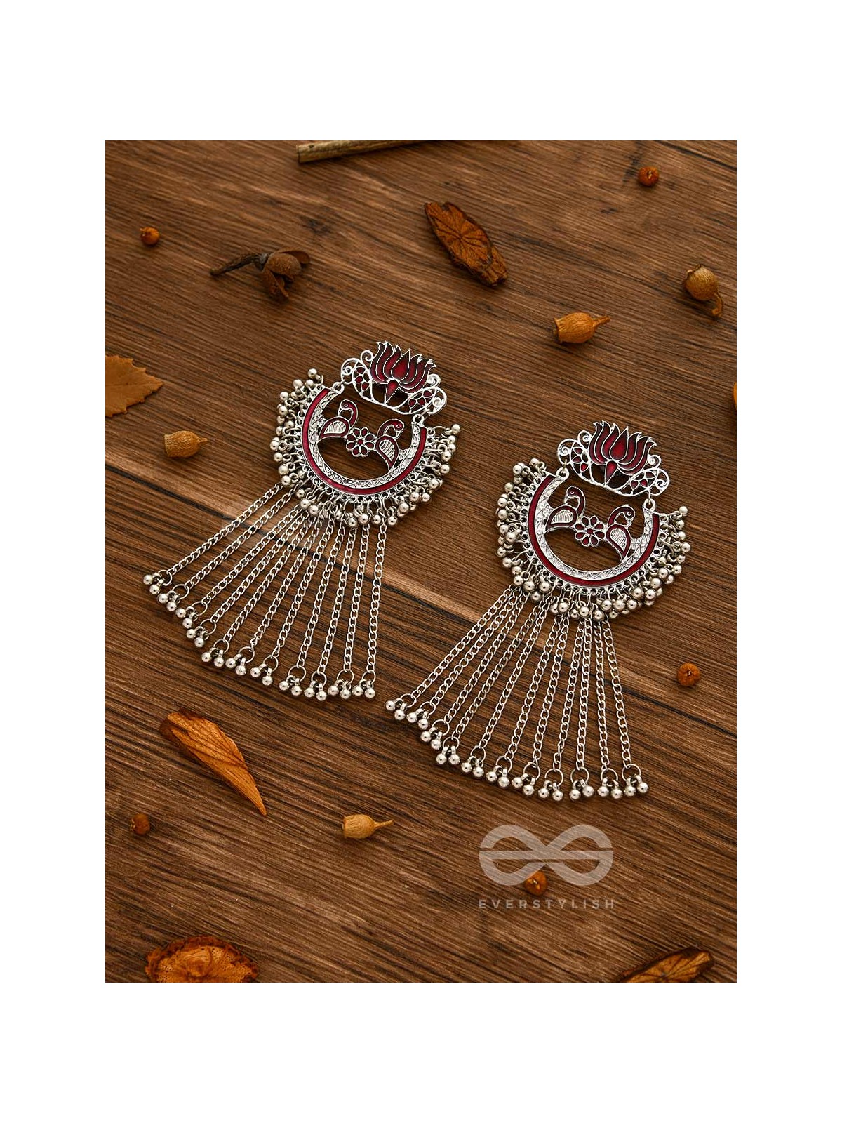 The Dangling Blooming Lotus - Statement Meenakari Earrings (Maroon)