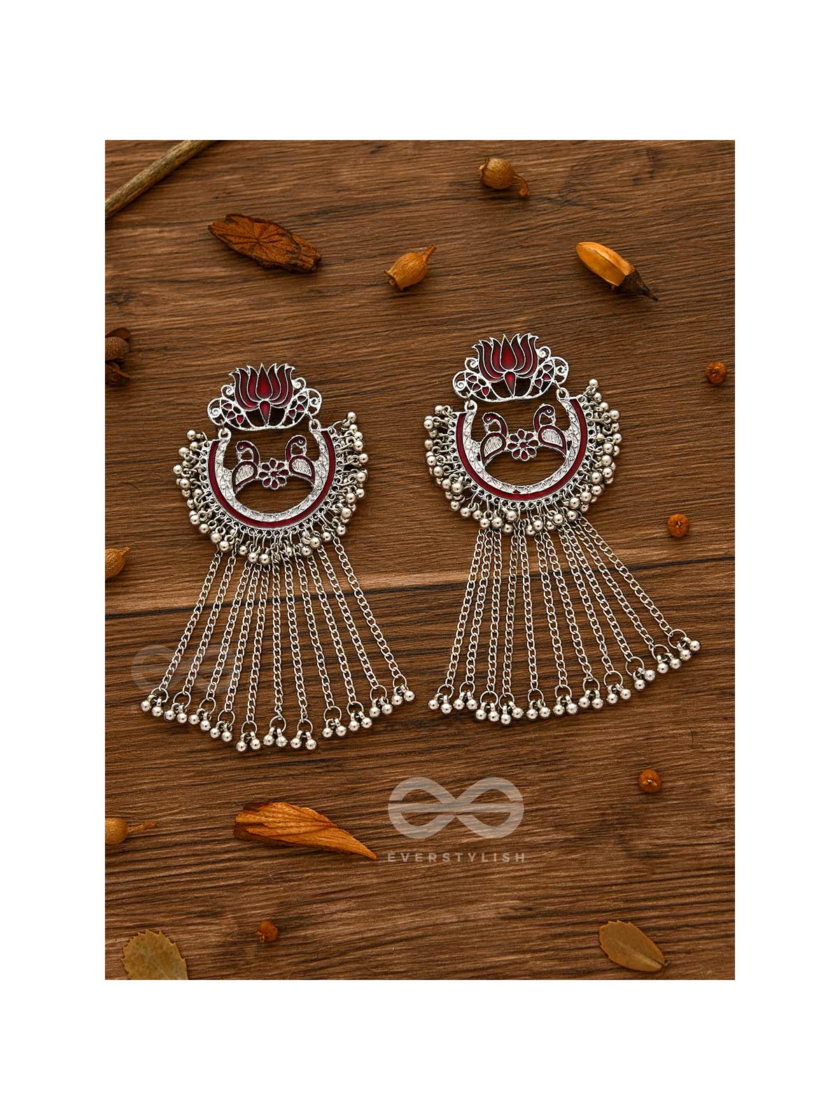 The Dangling Blooming Lotus - Statement Meenakari Earrings (Maroon)