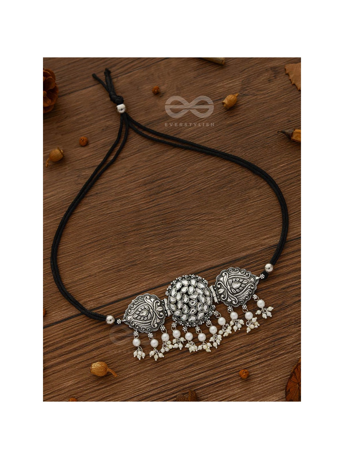 The Intricate Epitome - Embellished Oxidised Set of Choker and Earrings (White)