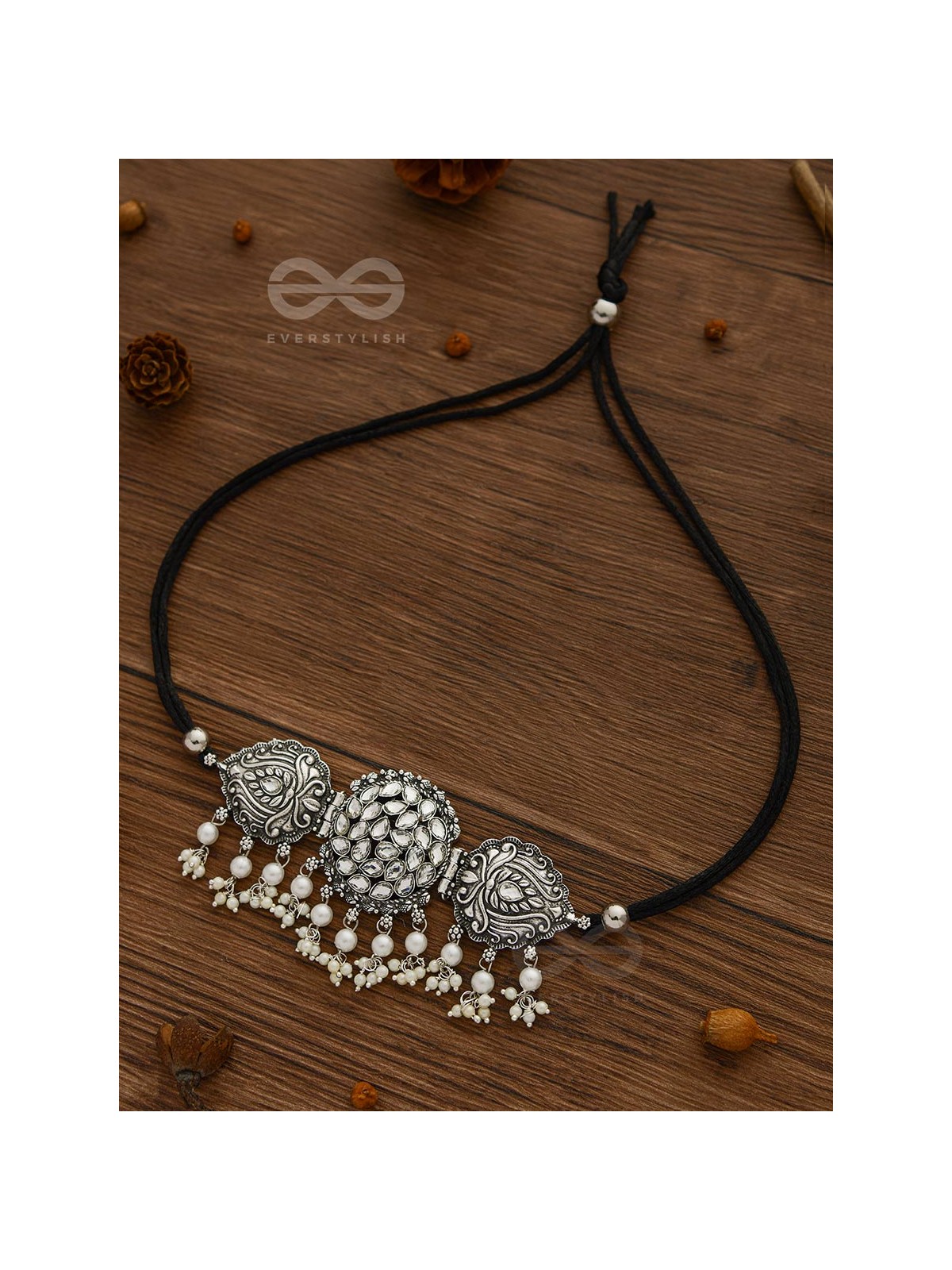The Intricate Epitome - Embellished Oxidised Set of Choker and Earrings (White)