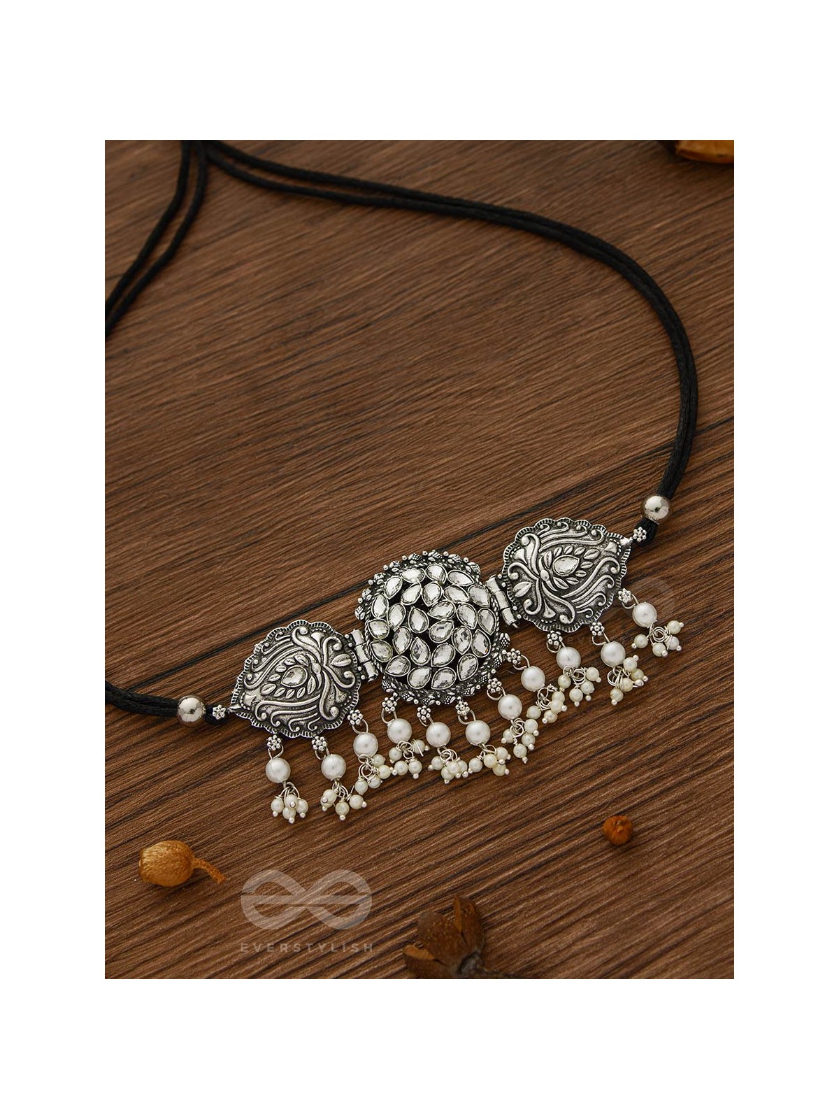 The Intricate Epitome - Embellished Oxidised Set of Choker and Earrings (White)