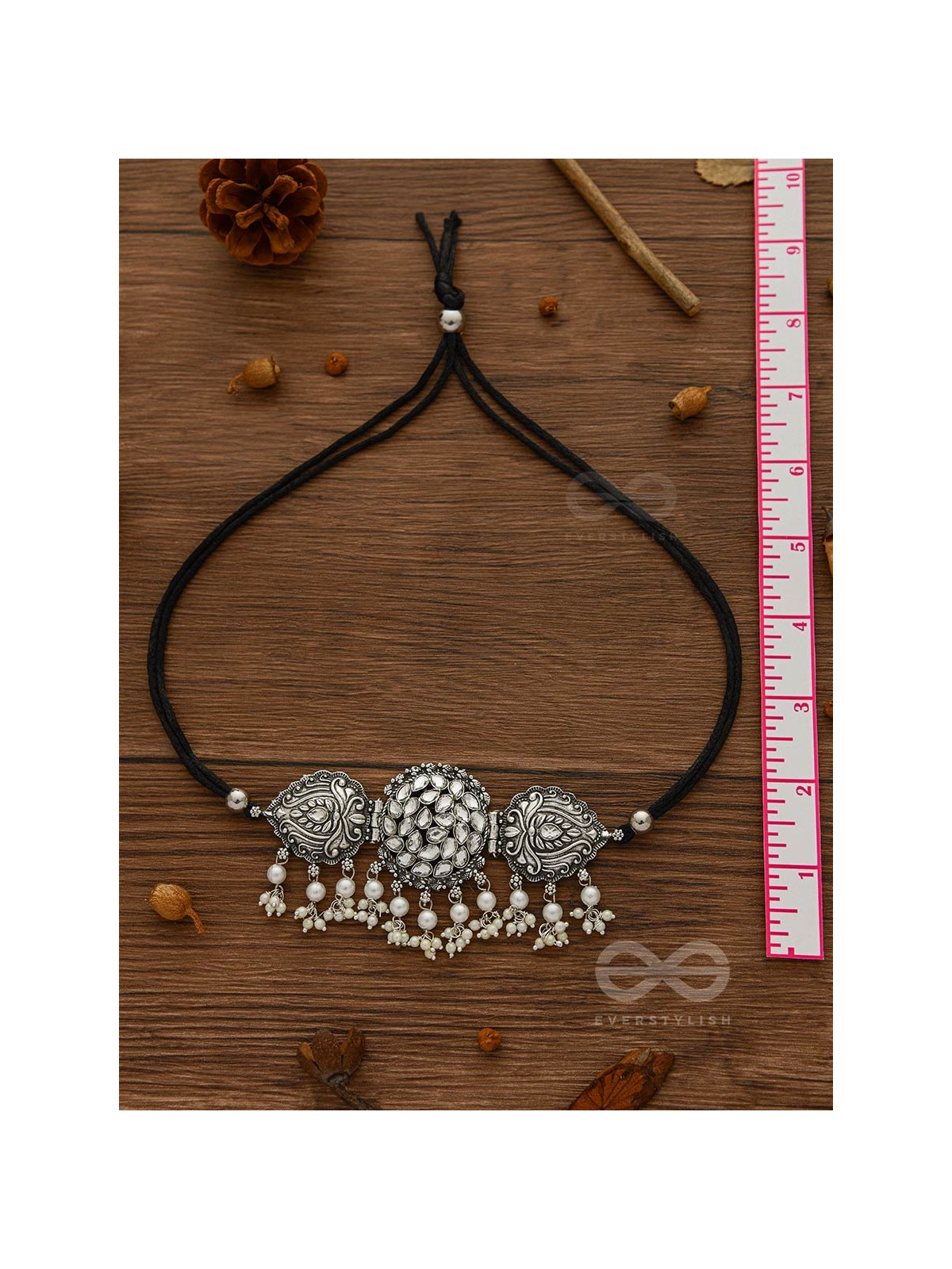 The Intricate Epitome - Embellished Oxidised Set of Choker and Earrings (White)