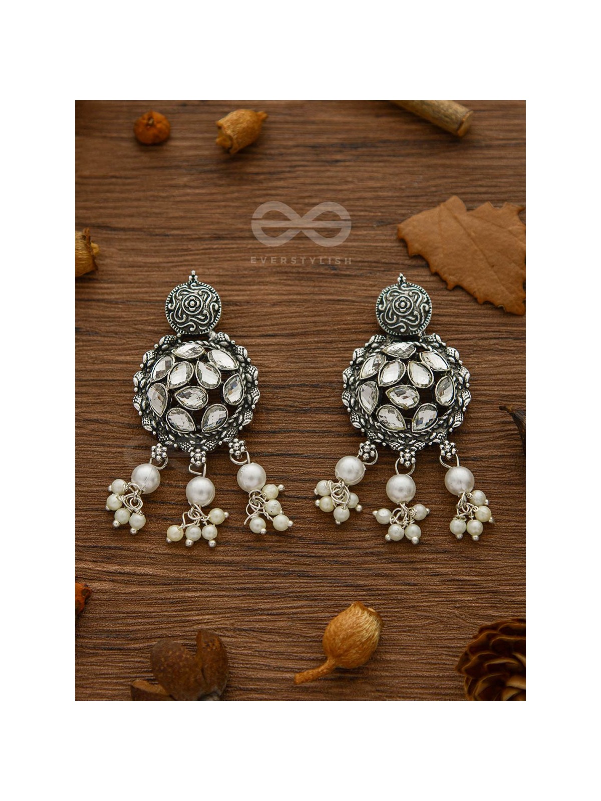 The Intricate Epitome - Embellished Oxidised Set of Choker and Earrings (White)