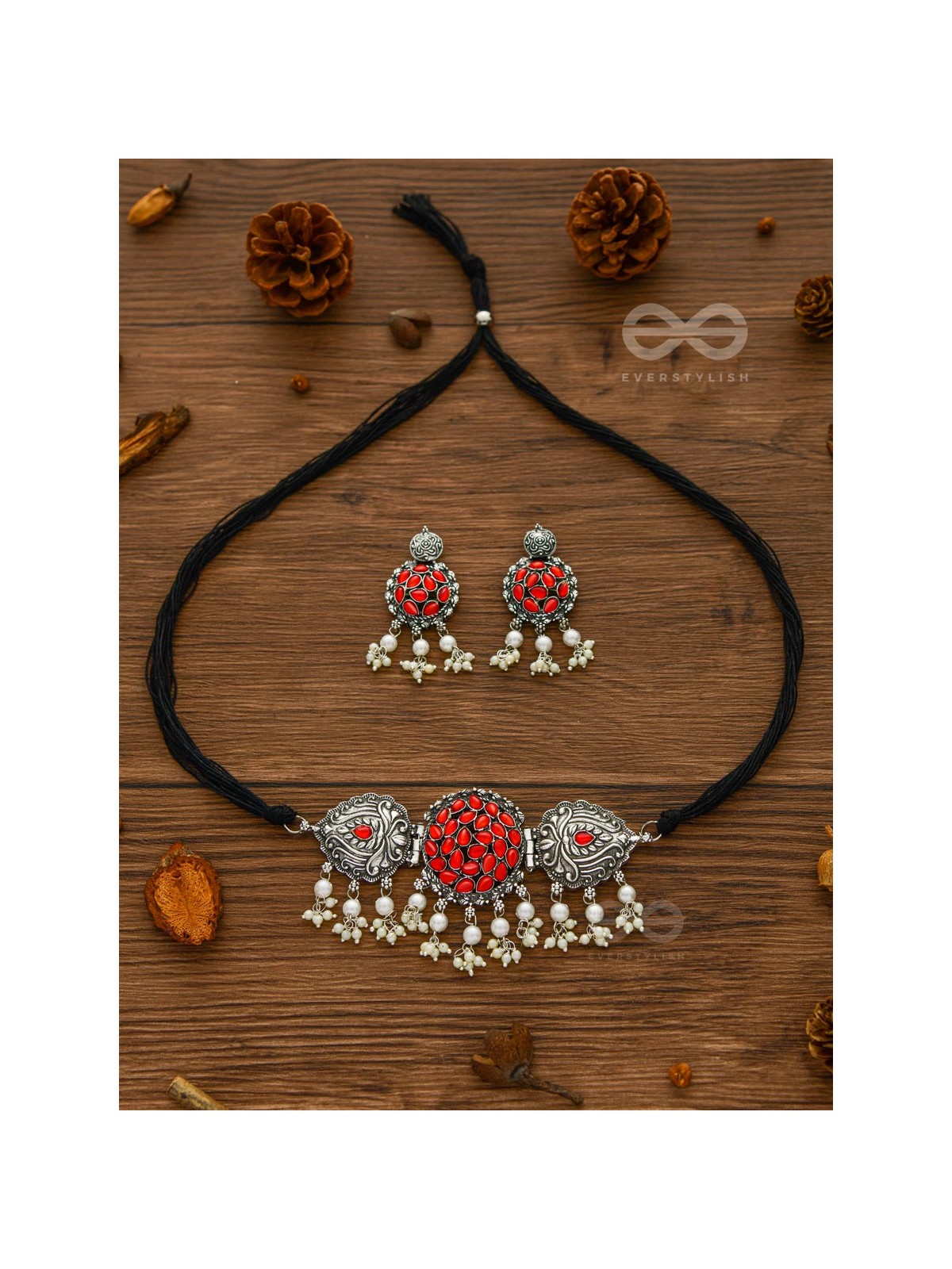 The Intricate Epitome - Embellished Oxidised Set of Choker and Earrings (Carmine Red)