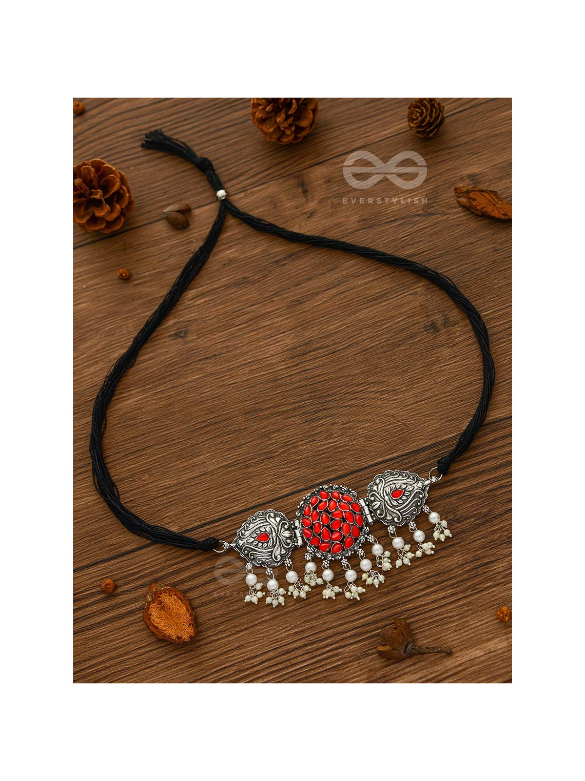 The Intricate Epitome - Embellished Oxidised Set of Choker and Earrings (Carmine Red)