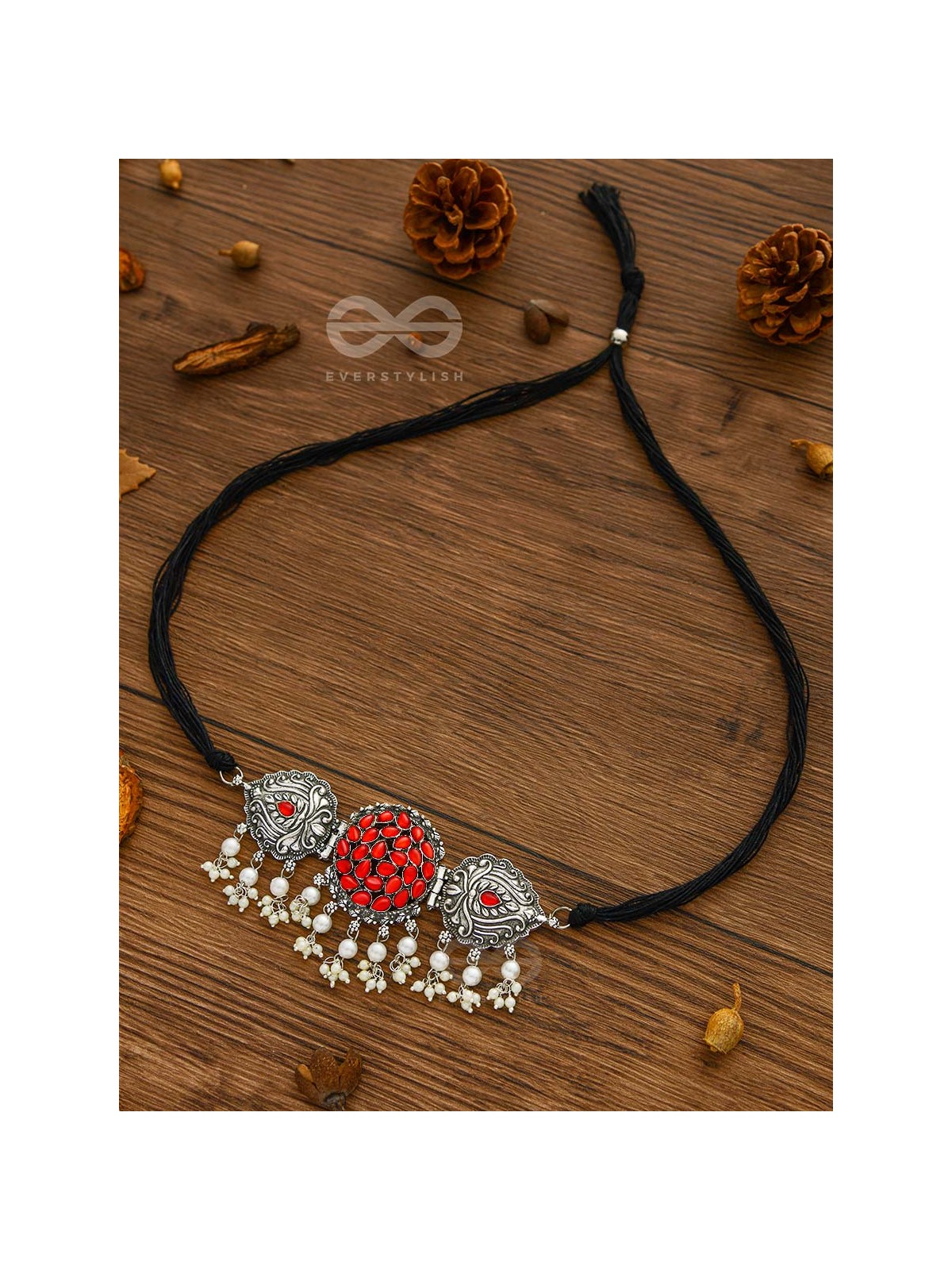 The Intricate Epitome - Embellished Oxidised Set of Choker and Earrings (Carmine Red)