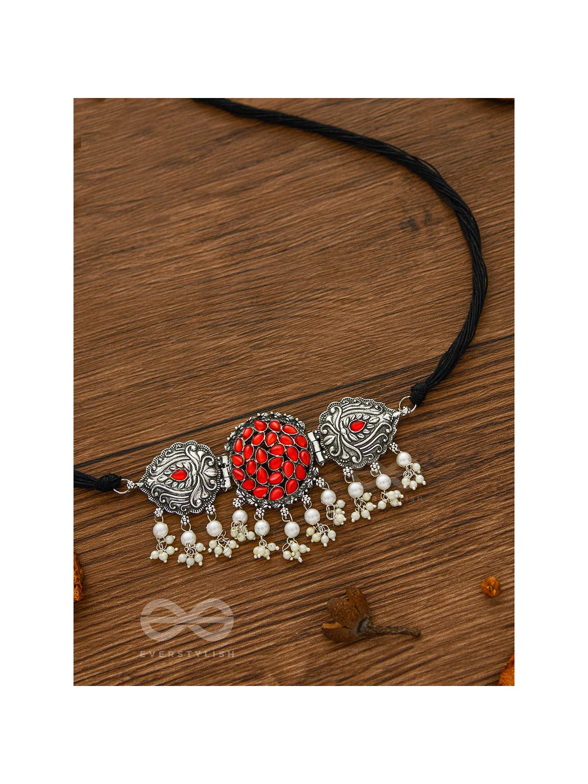The Intricate Epitome - Embellished Oxidised Set of Choker and Earrings (Carmine Red)