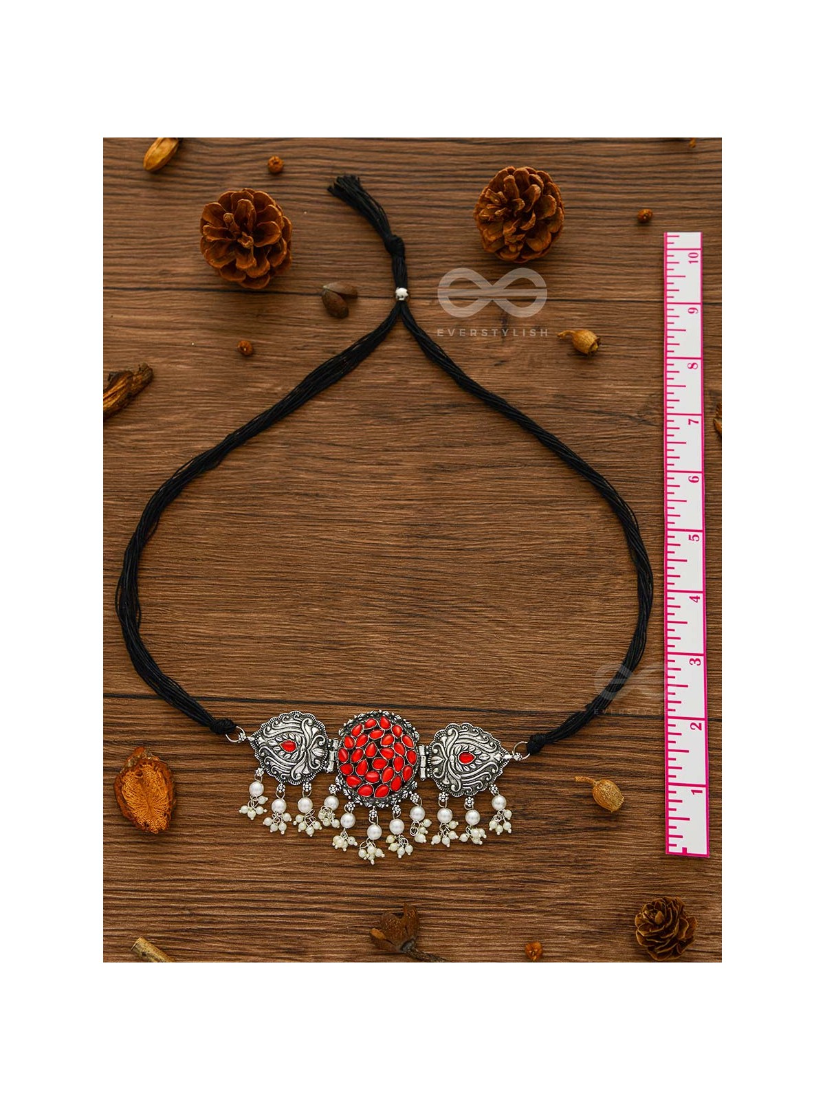 The Intricate Epitome - Embellished Oxidised Set of Choker and Earrings (Carmine Red)