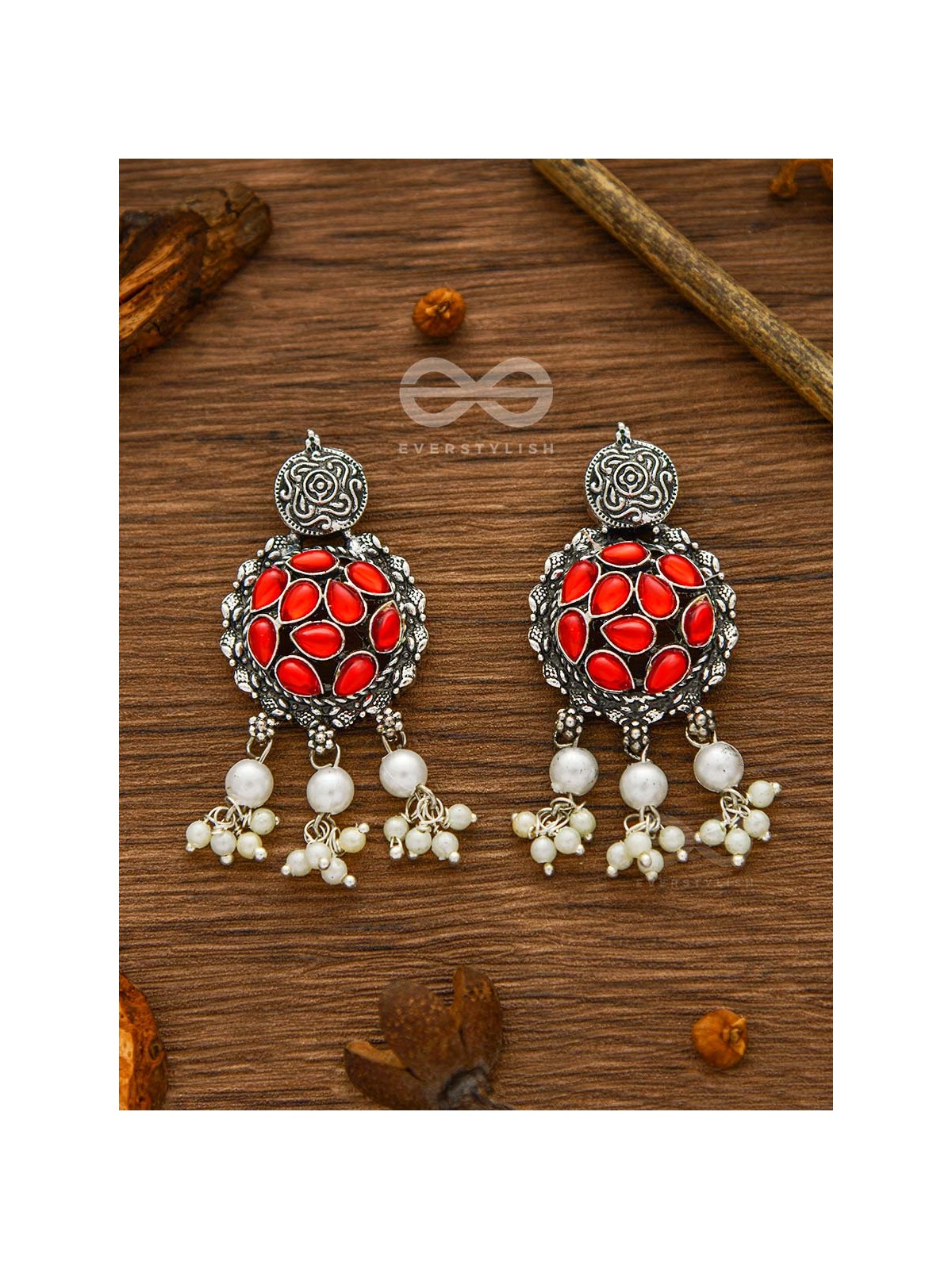 The Intricate Epitome - Embellished Oxidised Set of Choker and Earrings (Carmine Red)