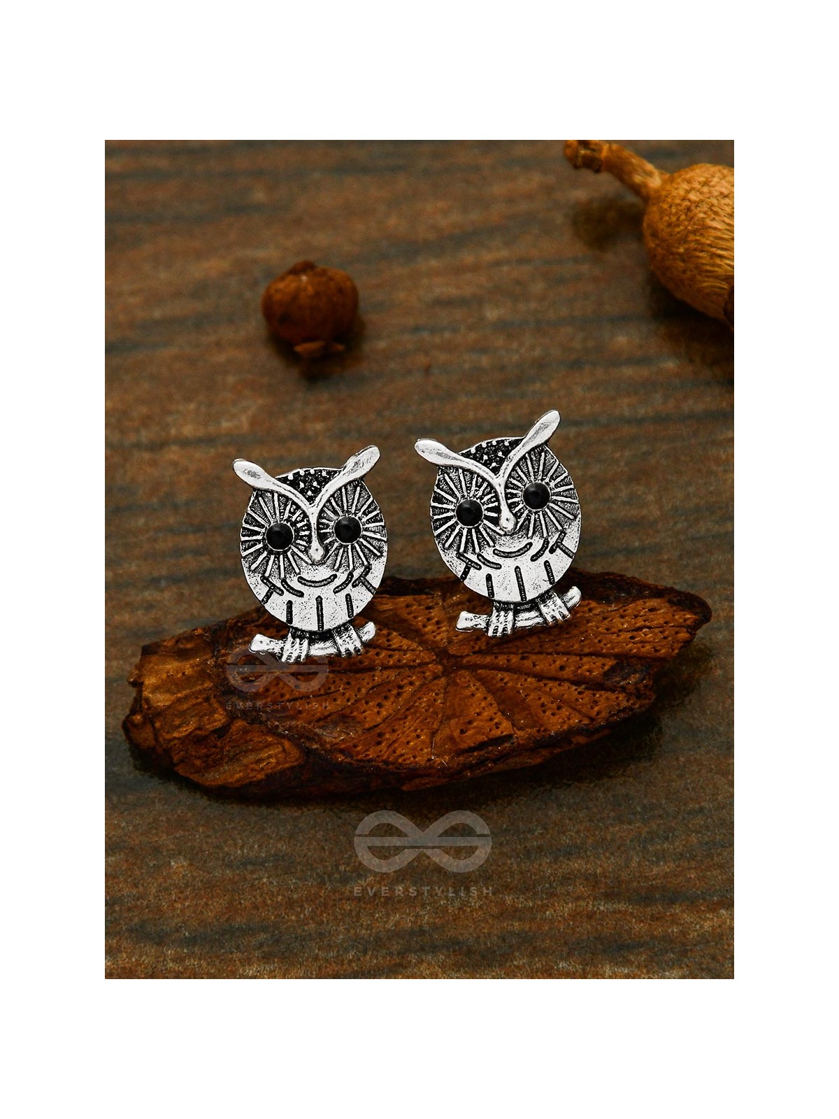 Quirky little owl on a branch - Tiny Trinket Earrings