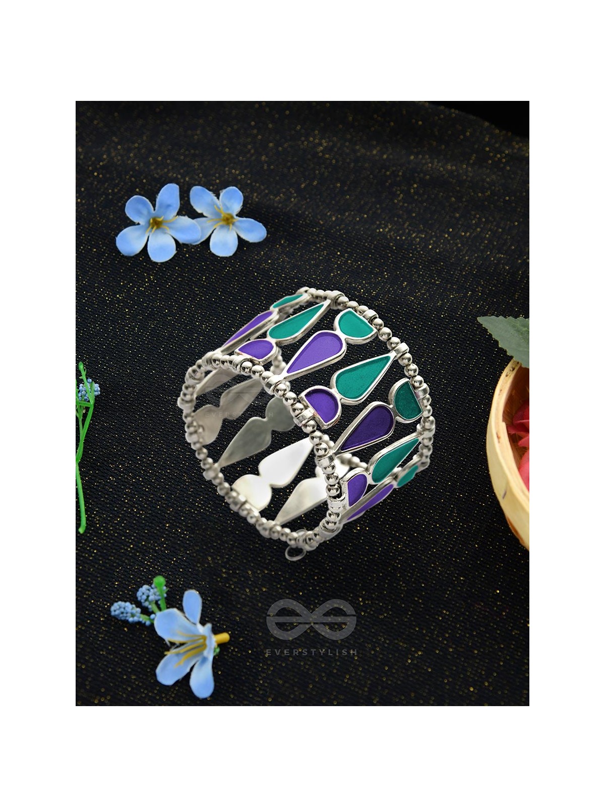 Kaliedoscope of Colours - Statement Enamelled Bracelet (Teal - Violet)