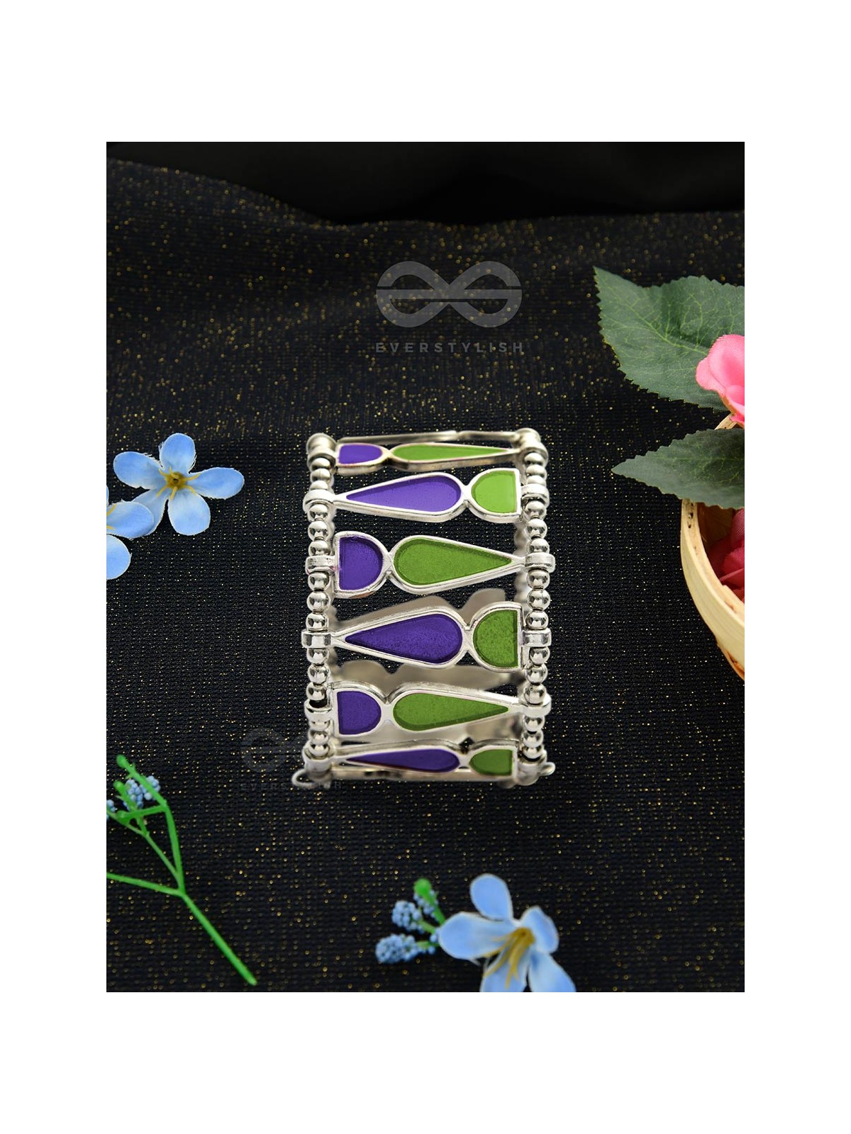 Kaliedoscope of Colours - Statement Enamelled Bracelet (Violet - Green)