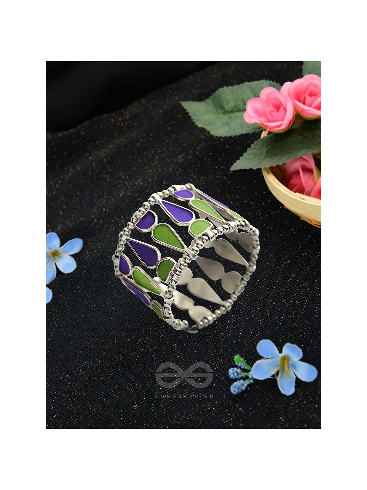 Kaliedoscope of Colours - Statement Enamelled Bracelet (Violet - Green)