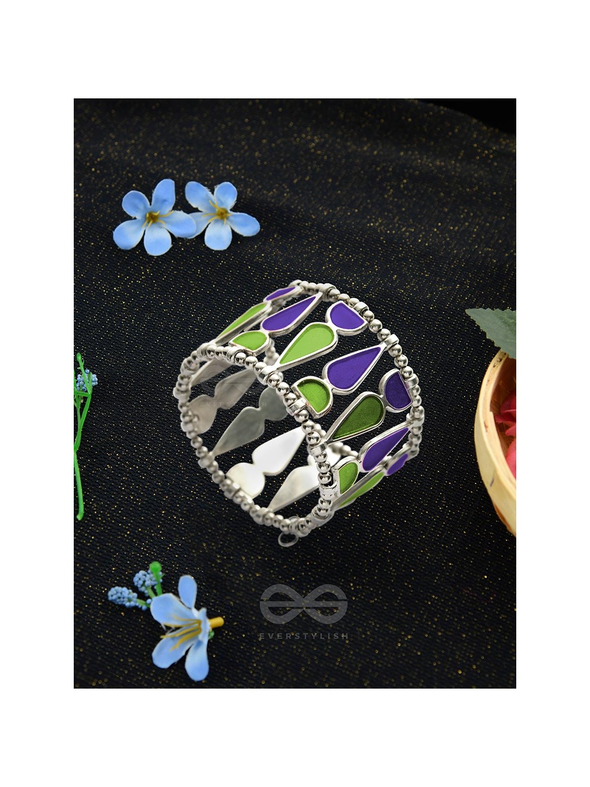 Kaliedoscope of Colours - Statement Enamelled Bracelet (Violet - Green)