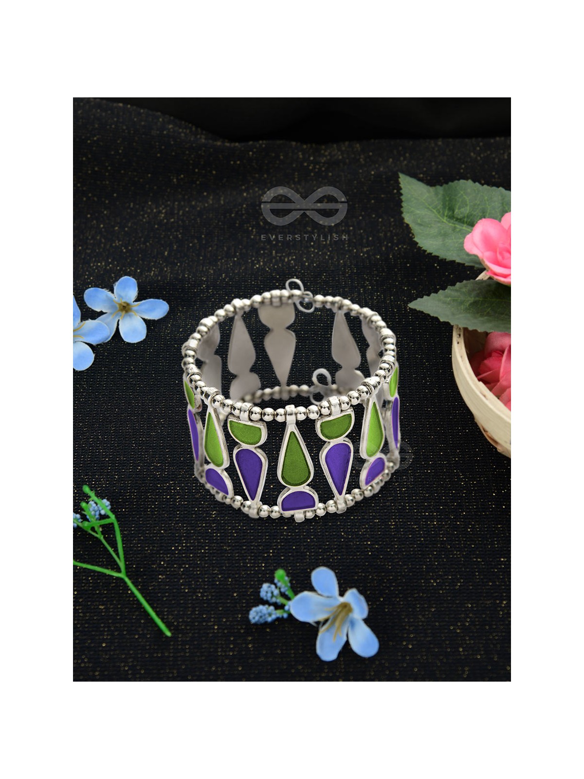Kaliedoscope of Colours - Statement Enamelled Bracelet (Violet - Green)