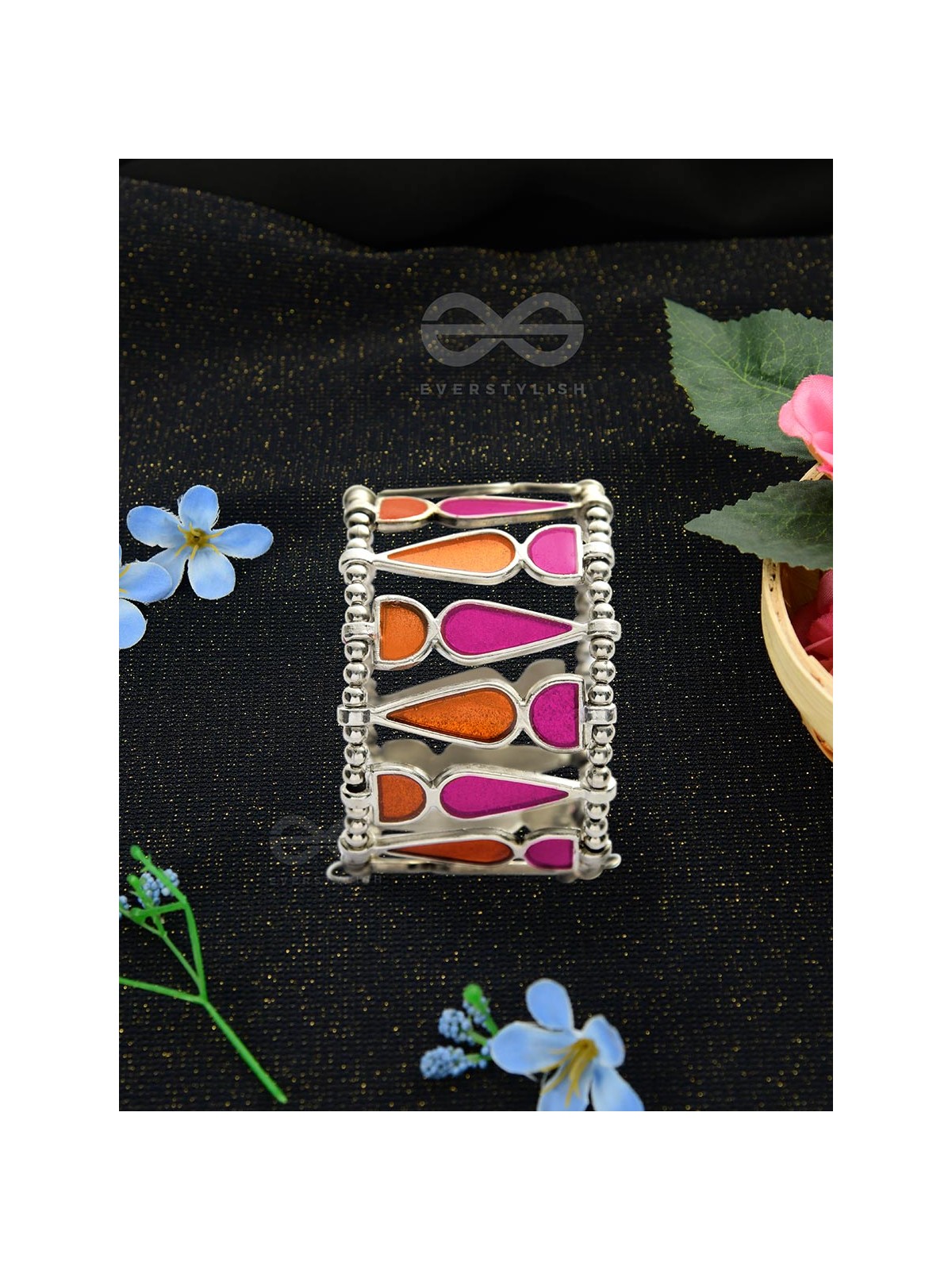 Kaliedoscope of Colours - Statement Enamelled Bracelet (Orange - Magenta)