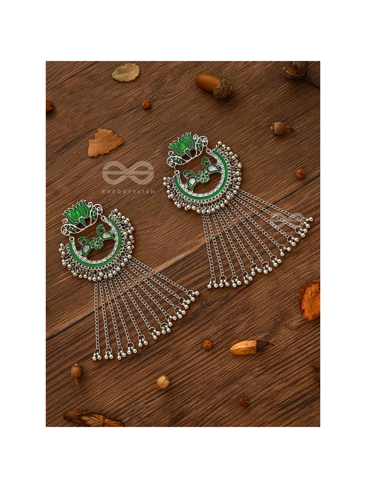 THE DANGLING BLOOMING LOTUS - STATEMENT MEENAKARI EARRINGS (FOREST GREEN)