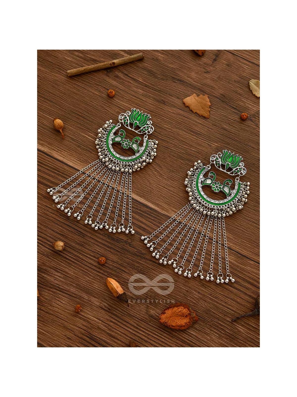 THE DANGLING BLOOMING LOTUS - STATEMENT MEENAKARI EARRINGS (FOREST GREEN)