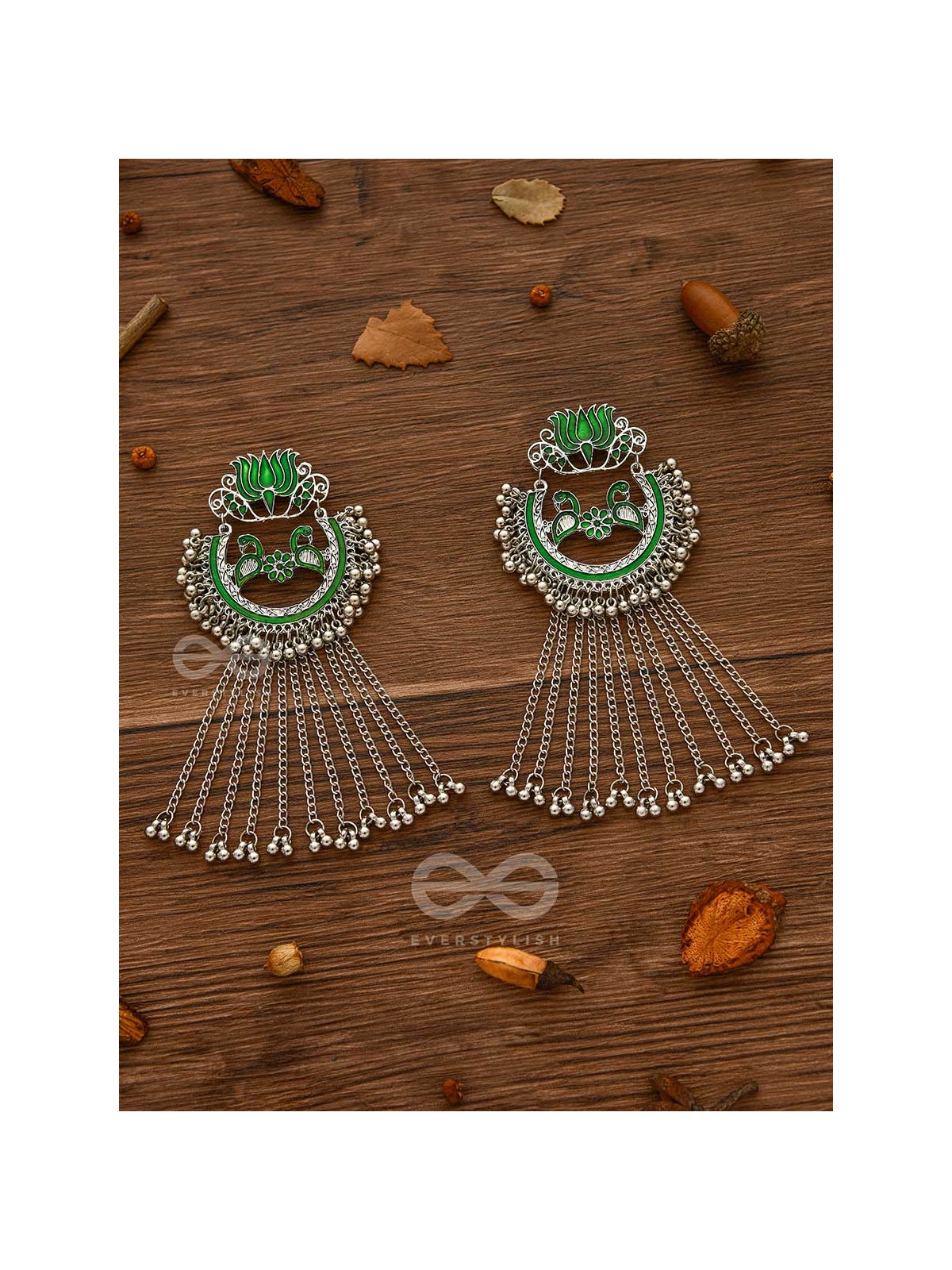 THE DANGLING BLOOMING LOTUS - STATEMENT MEENAKARI EARRINGS (FOREST GREEN)