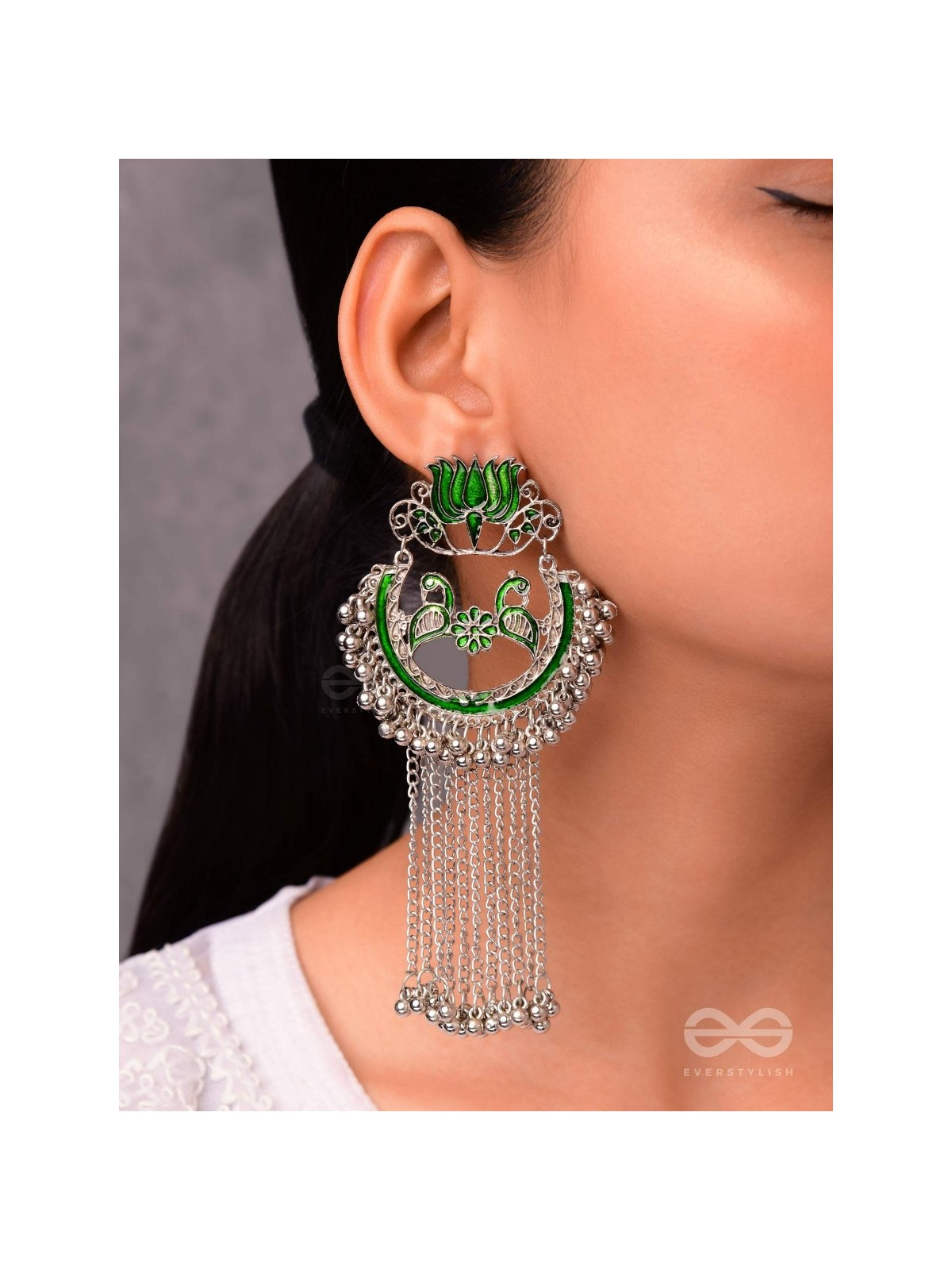 THE DANGLING BLOOMING LOTUS - STATEMENT MEENAKARI EARRINGS (FOREST GREEN)