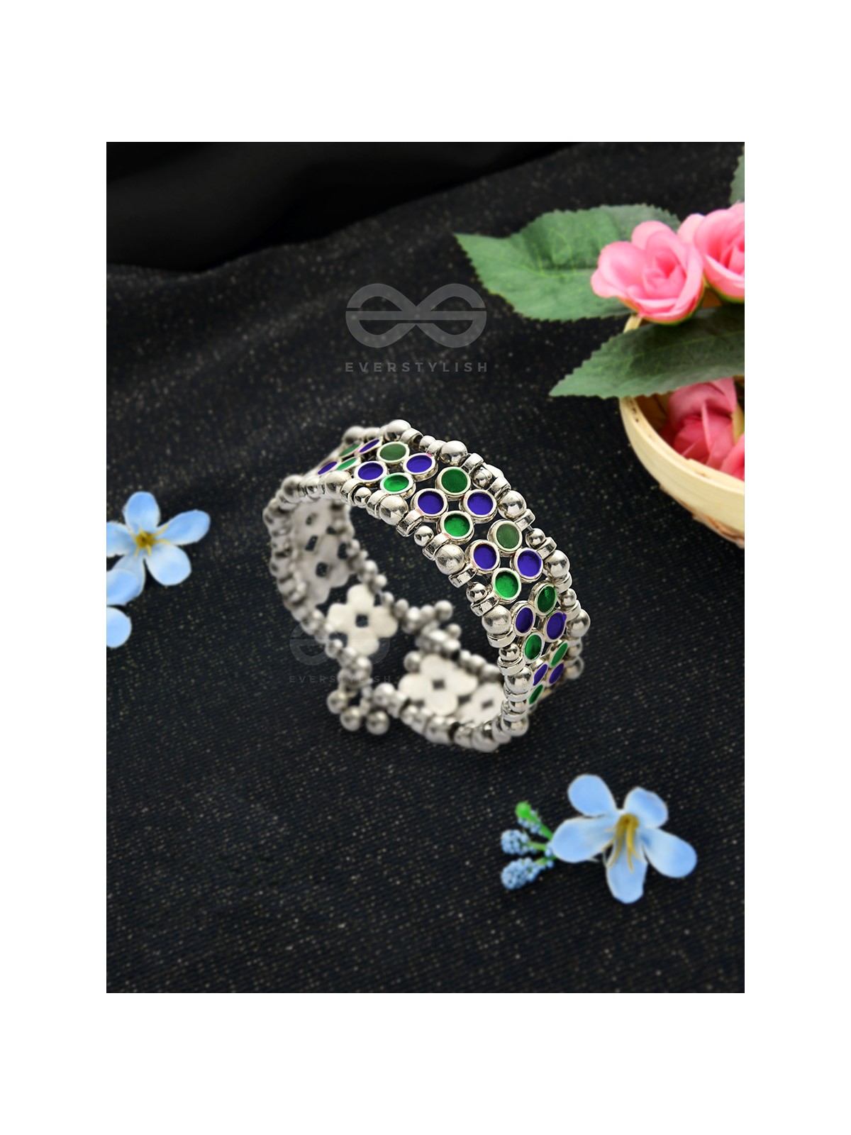 The Elegant Symmetry - Adjustable Enamelled Bracelet (Blue-Green)