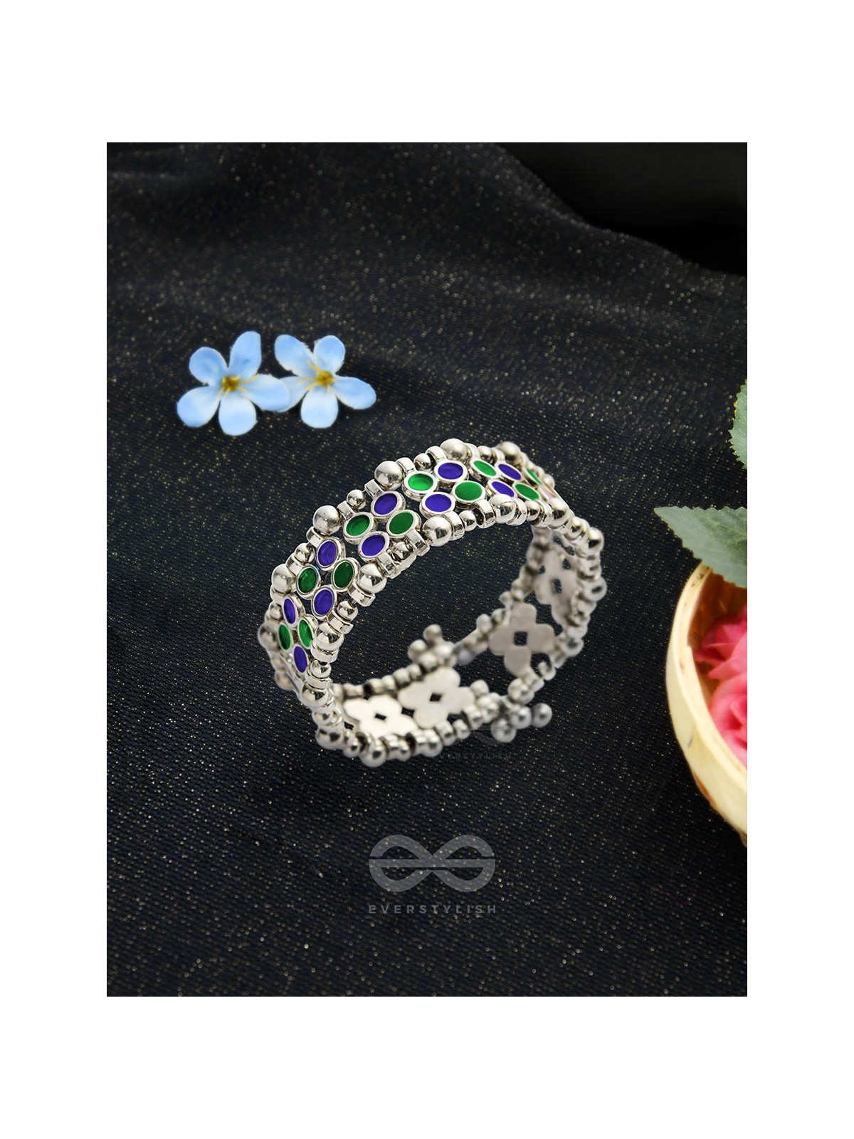 The Elegant Symmetry - Adjustable Enamelled Bracelet (Blue-Green)