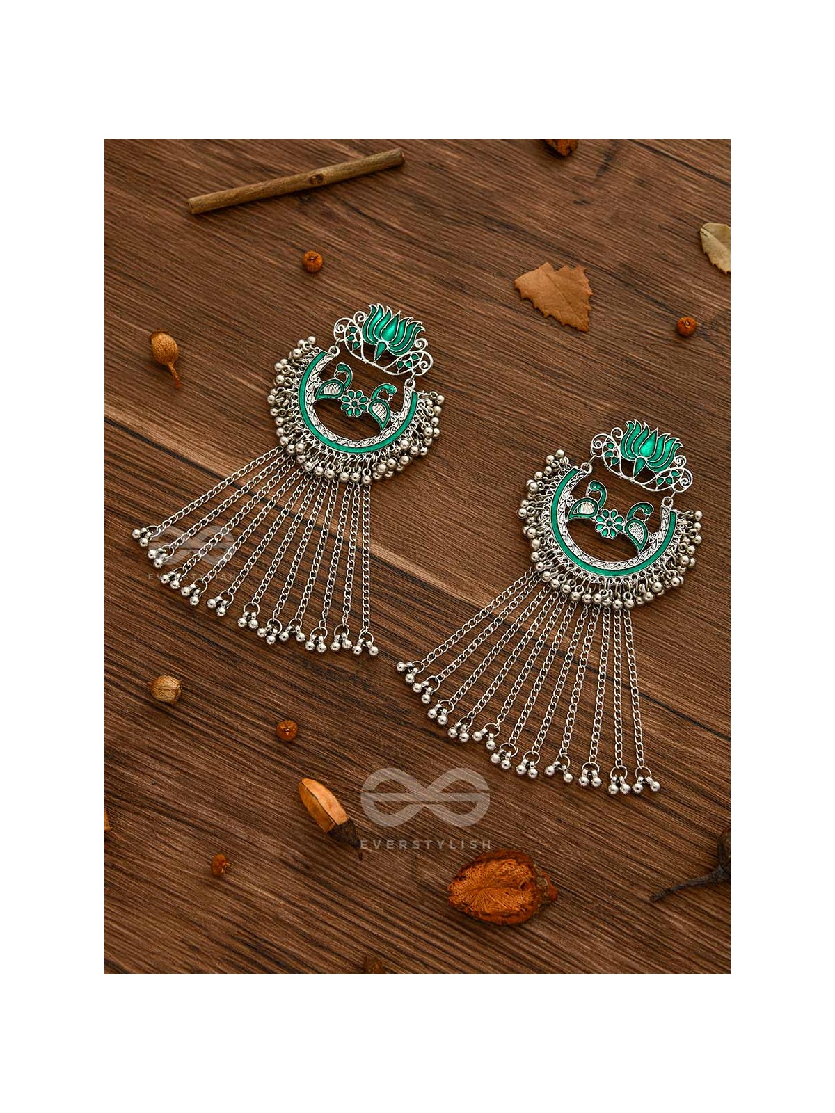 The Dangling Blooming Lotus - Statement Meenakari Earrings (Pine Green)