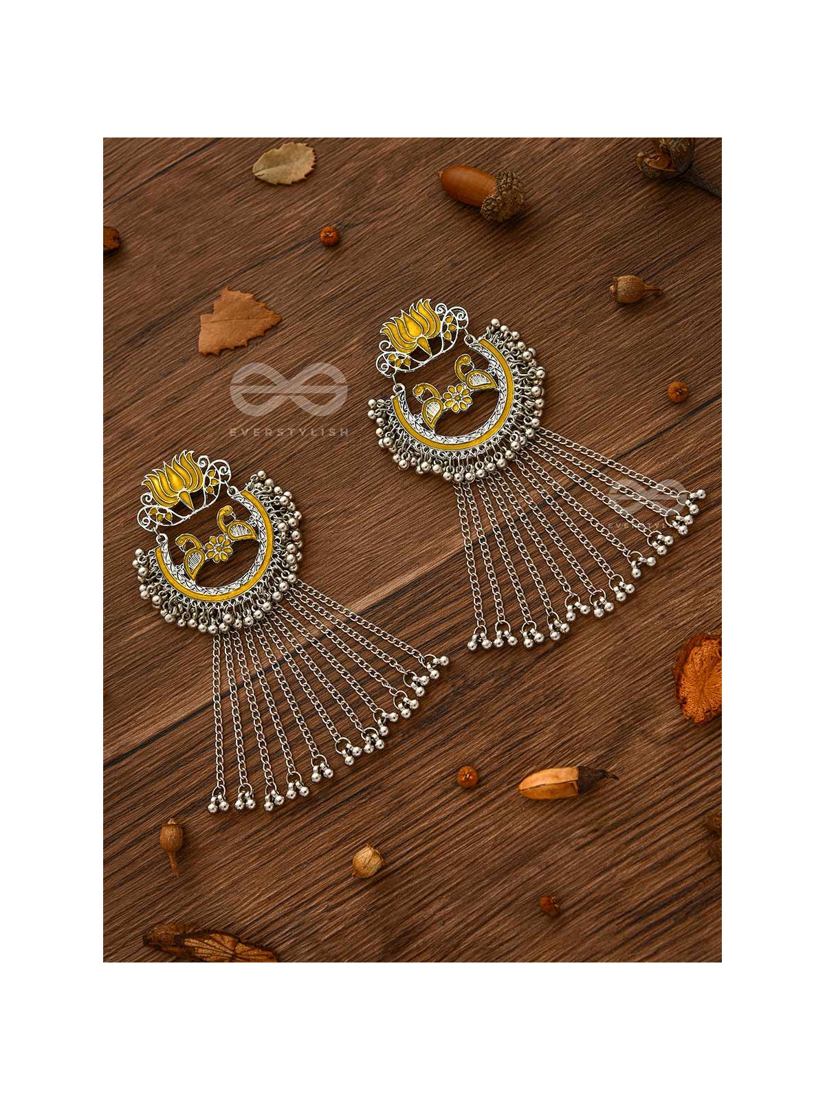 The Dangling Blooming Lotus - Statement Meenakari Earrings (Yellow)