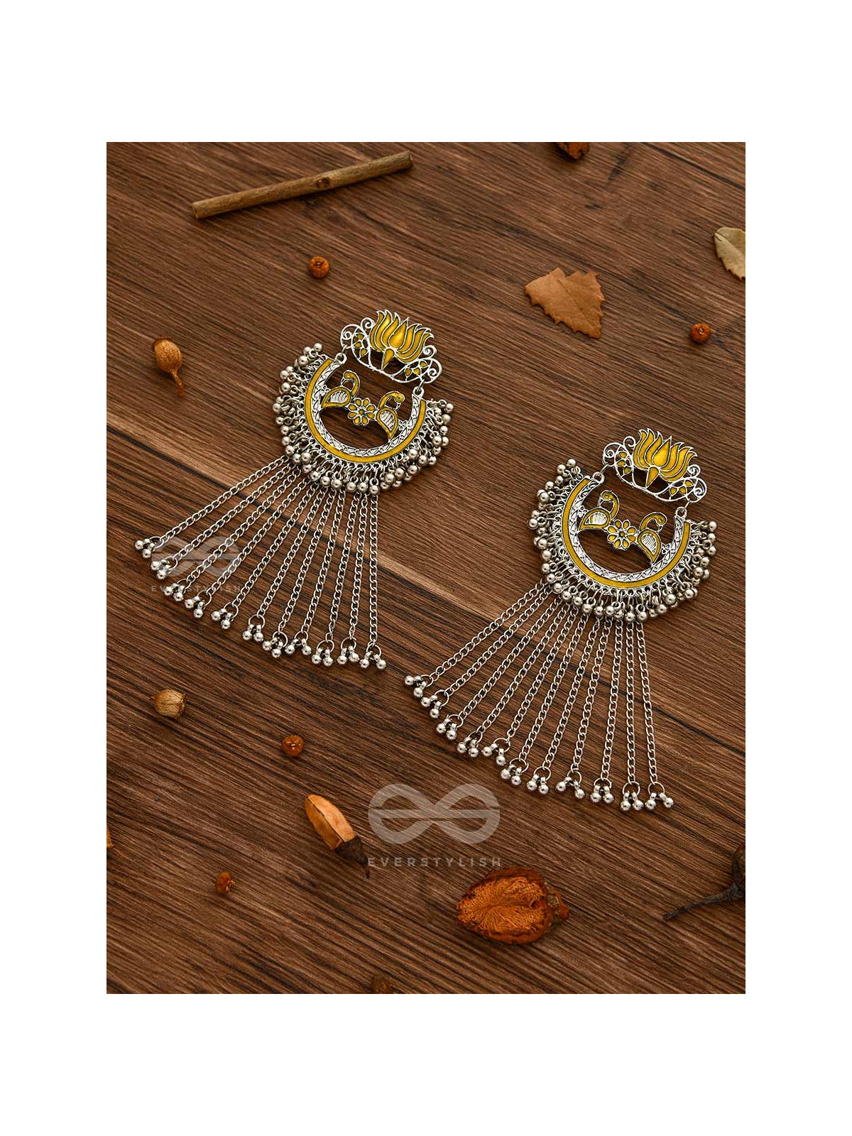 The Dangling Blooming Lotus - Statement Meenakari Earrings (Yellow)