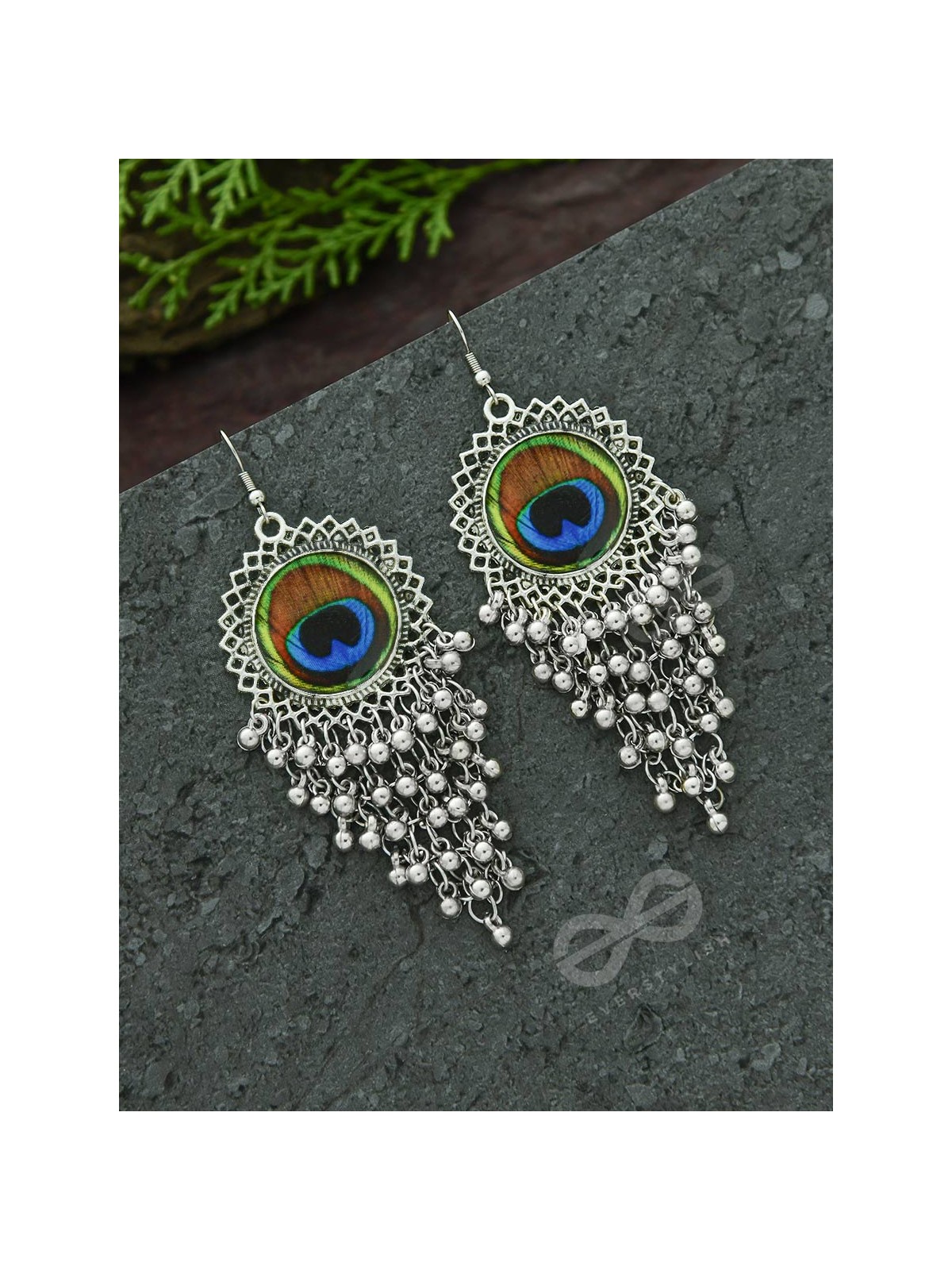 The Peacock Feather Jhallars - Oxidised Boho Earrings